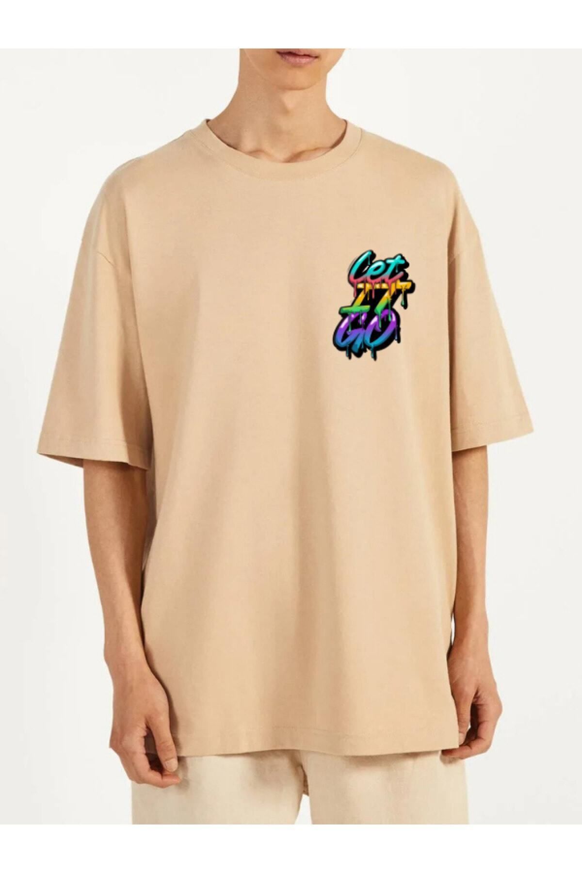Pisa Art Grafiti Let It Go Baskılı Bej Krem Oversize Erkek Tshirt