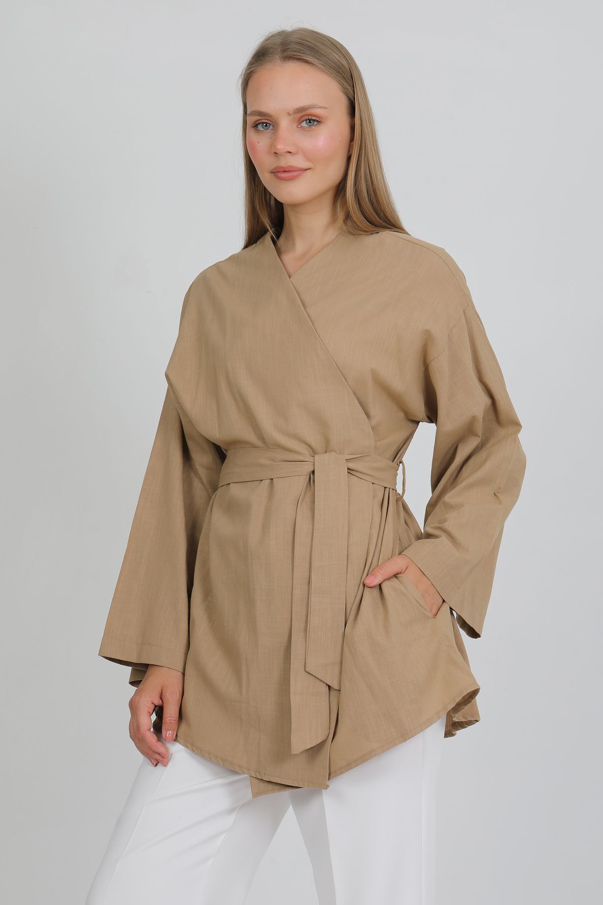 PASTELASTORE %100 Pamuk Keten Cepli Kemerli Yazlık Kadın Kimono 1166 - Nefes Alan Doğal Kumaş