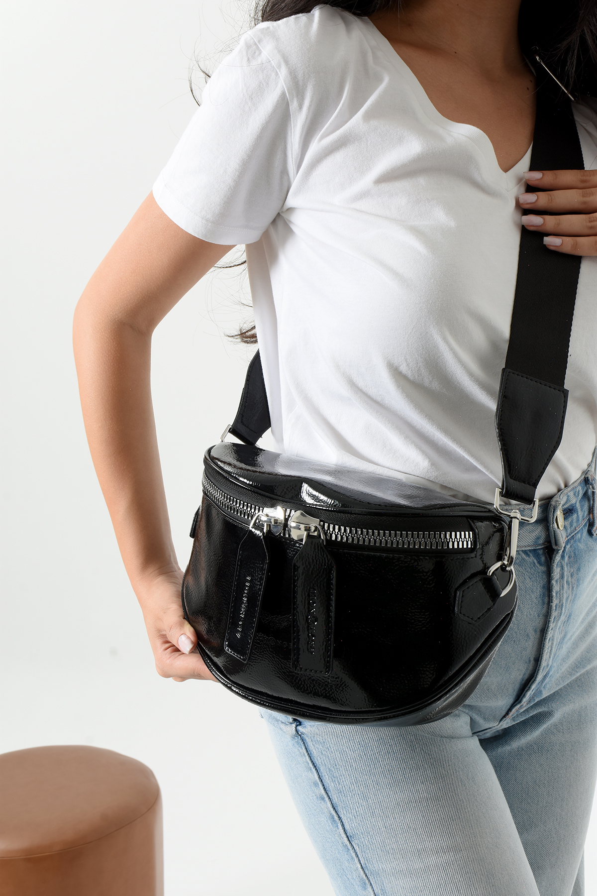 archangel Kadın crossbody bag bel çantası dokuma askılı siyah rugan görsel 4