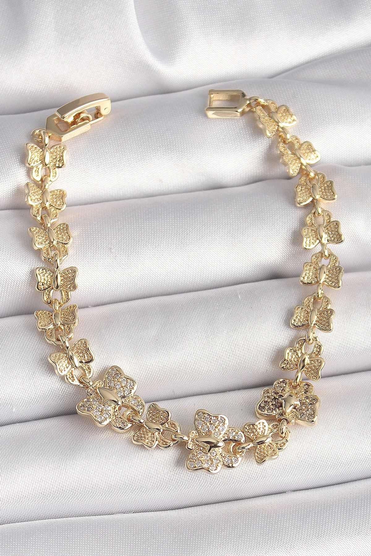 OurStyles Pirinç Gold Renk Zirkon Taşlı Kelebek Model Zincir Kadın Bileklik - TJ-BB6834