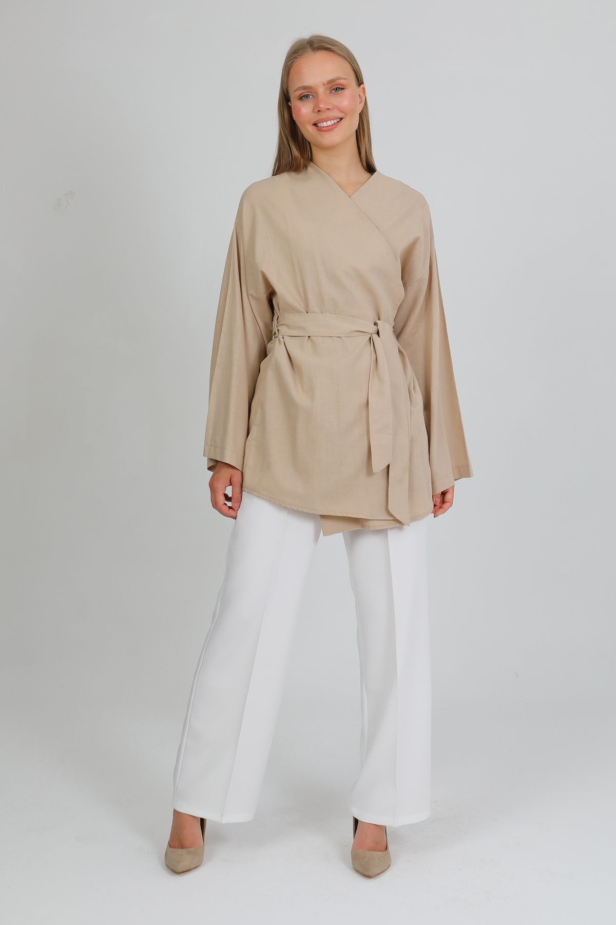 PASTELASTORE %100 Pamuk Keten Cepli Kemerli Yazlık Kadın Kimono 1166 - Nefes Alan Doğal Kumaş
