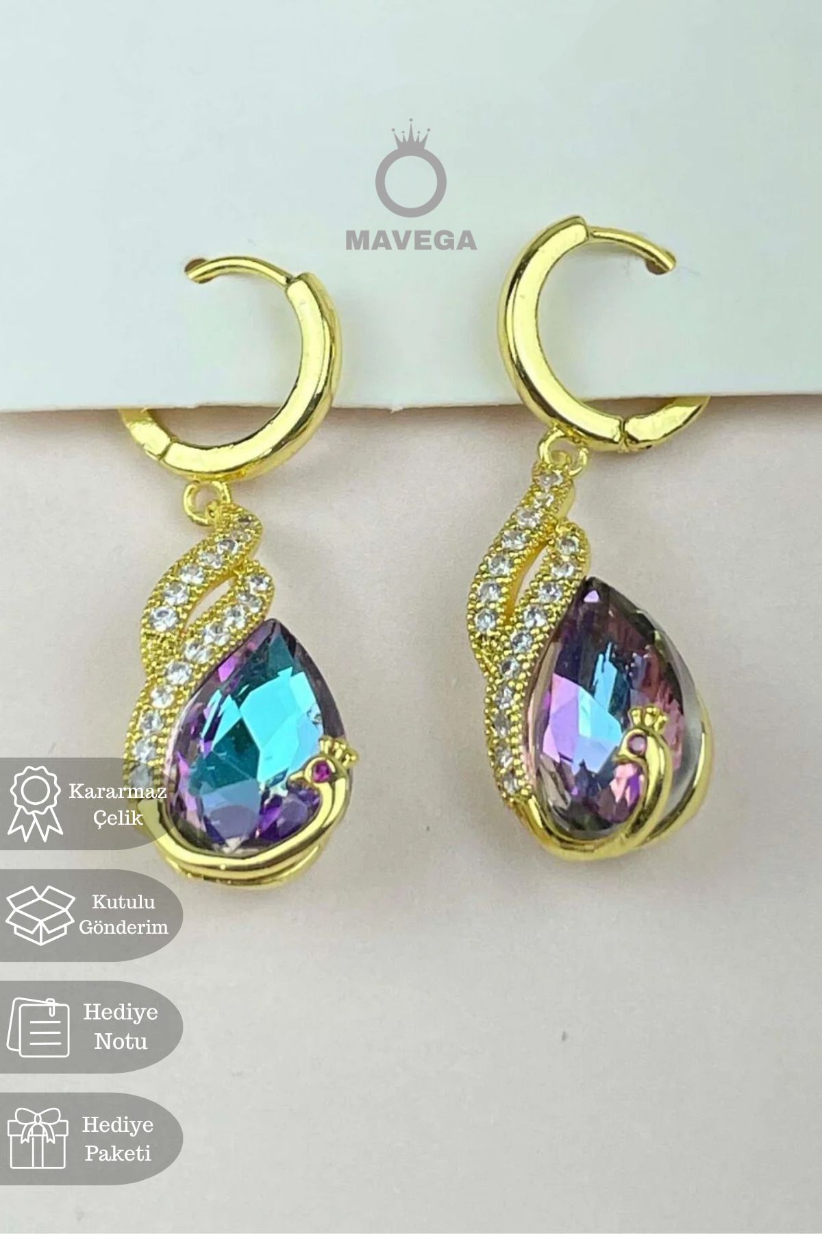 MAVEGA Yüksek Kalite Paslanmaz Kararmaz Çelik Zirkon Taşlı Damla Model Kadın Küpe | Altın Renk, 4 Cm