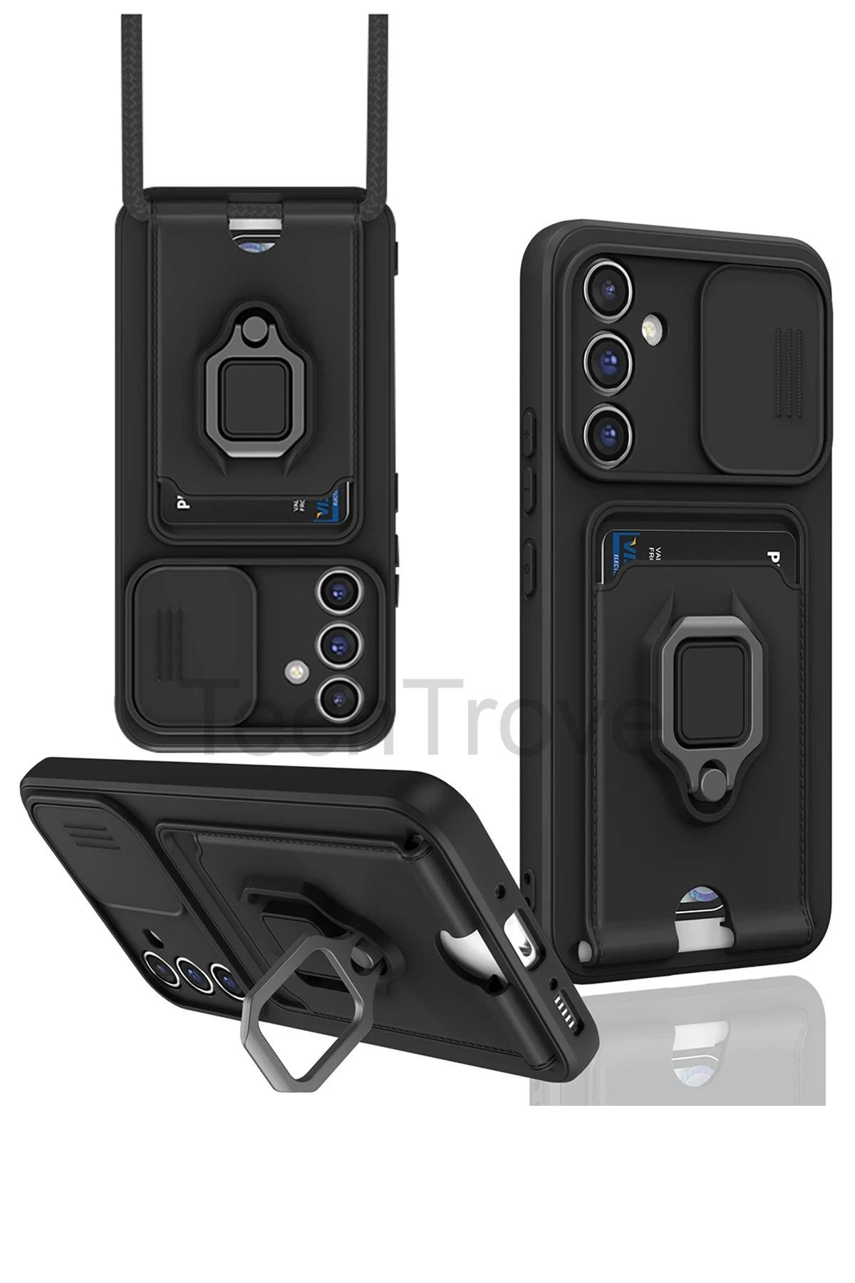 TechTrove Samsung Galaxy S25 Plus Kılıf Kamera Koruma Sürgülü Kartvizitli Kartlıklı Standlı İpli Renkli Kapak