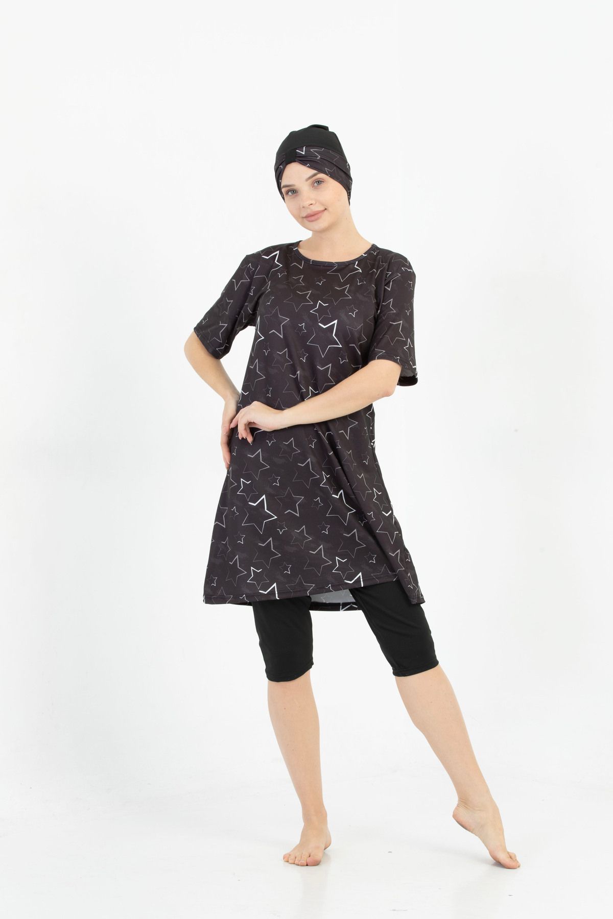 bazaar-turkey all you need Desenli Kısa Kollu Kısa Taytlı Tesettür Mayo 1604-37 Siyah