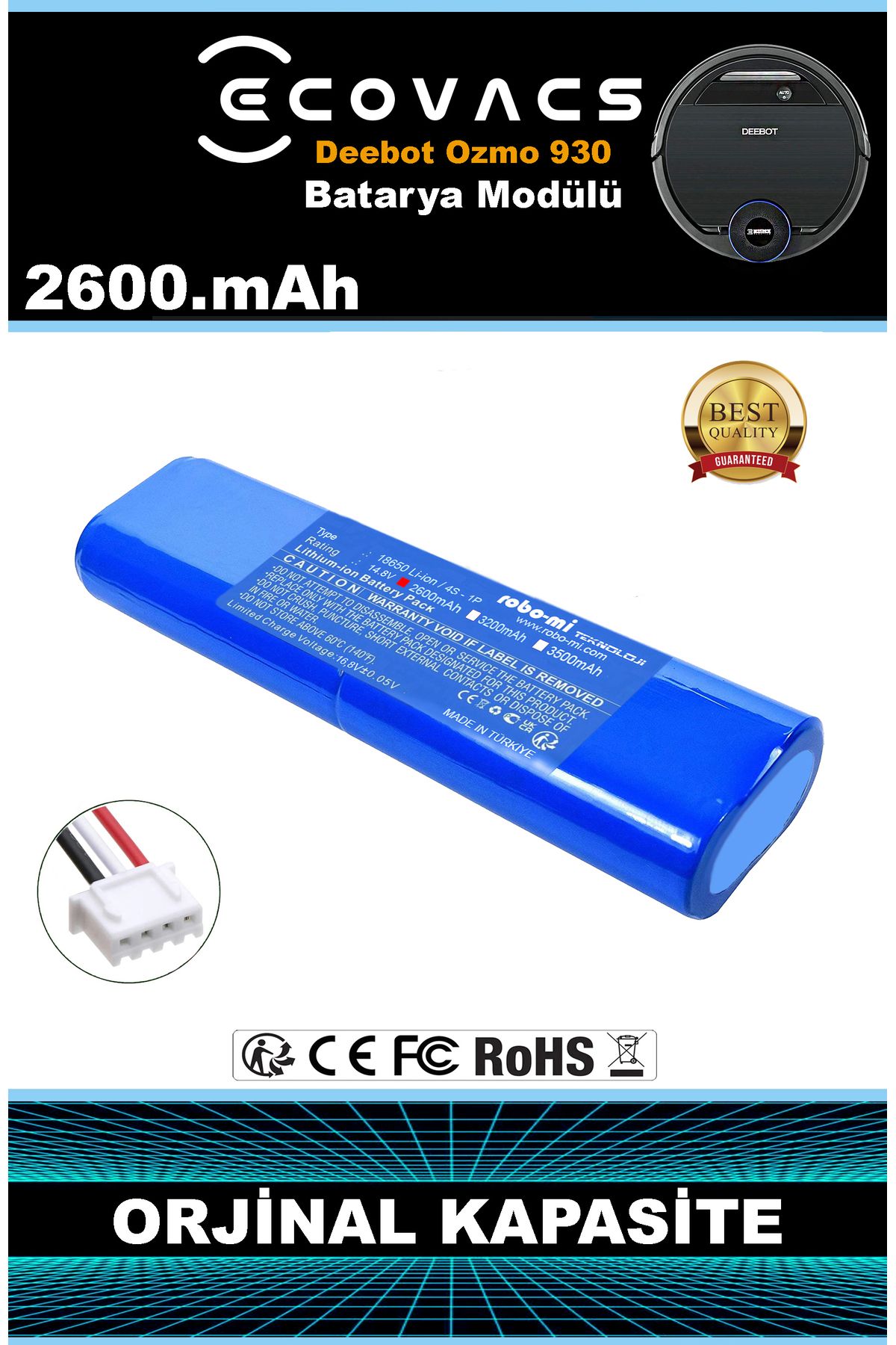 robo-mi Ecovacs Deebot Ozmo 930 2600mAh Robot Süpürge Bataryası - Gerçek Kapasite, Maksimum Güvenlik