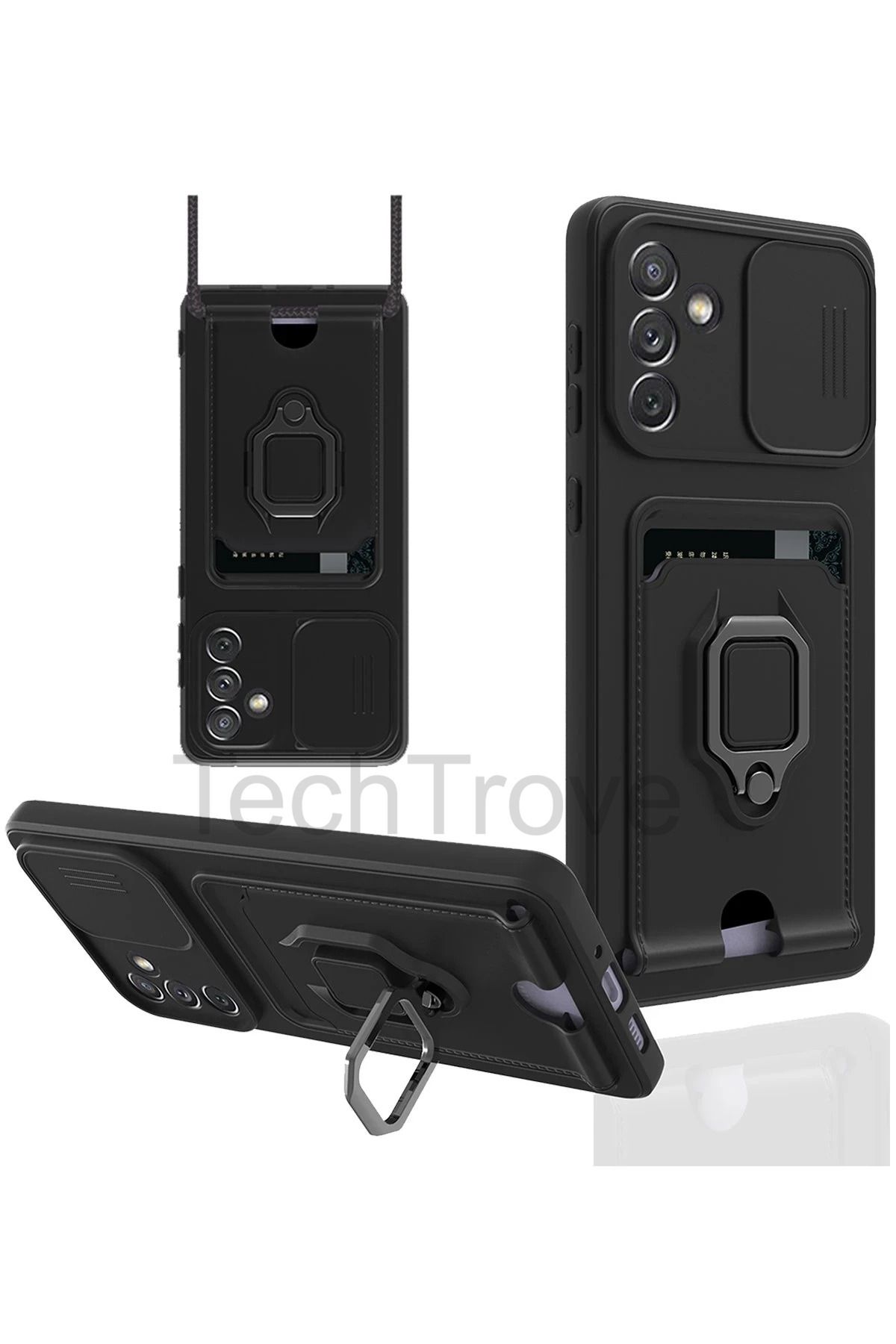 TechTrove Samsung Galaxy A04S Kılıf Kamera Koruma Sürgülü Kartvizitli Kartlıklı Standlı İpli Renkli Kapak