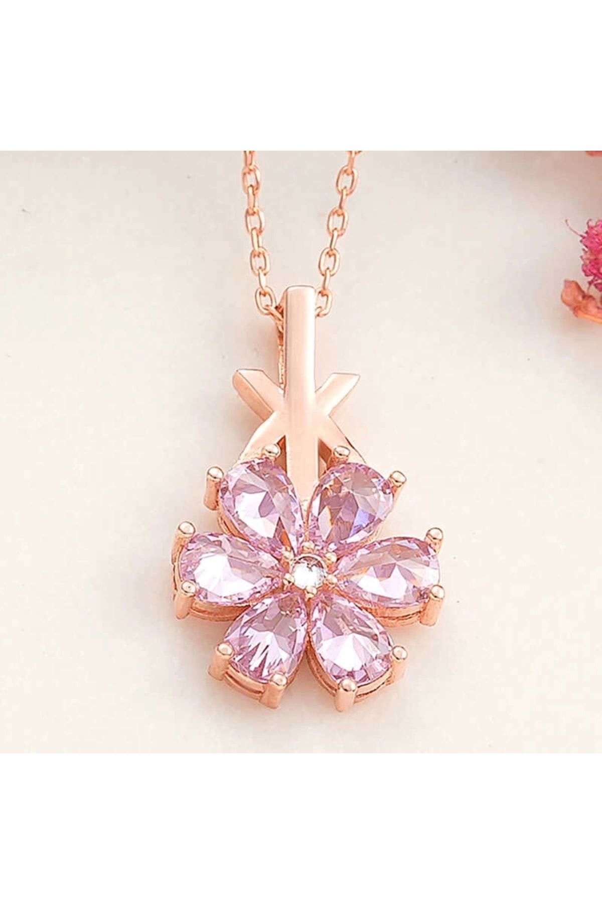 minaydan 925 Ayar Gümüş Rose Pembe Sevgi Çiçeği Kadın Kolye
