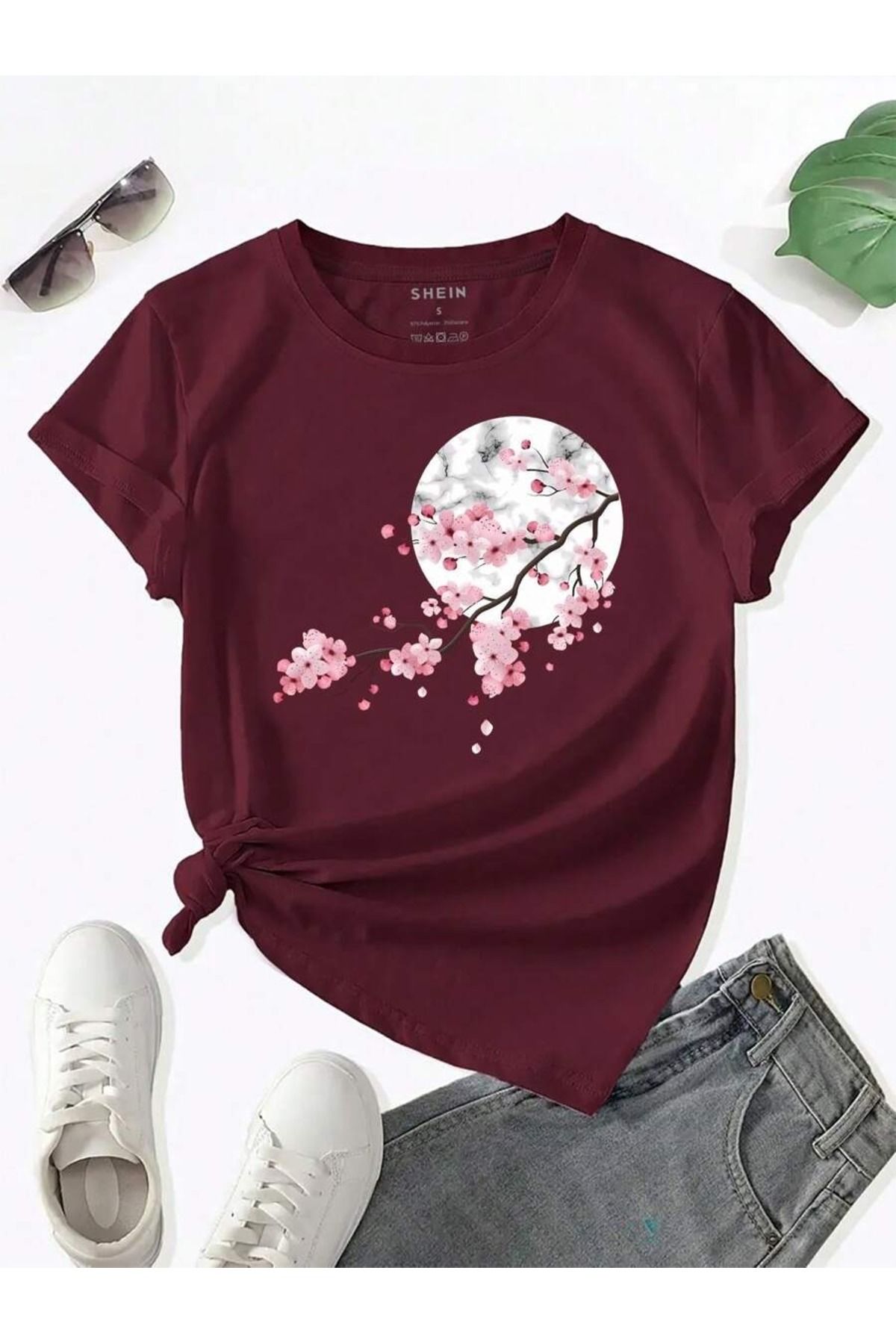 PALPİTO Kadın Bordo Kiraz Çiçeği Baskılı Oversize T-Shirt