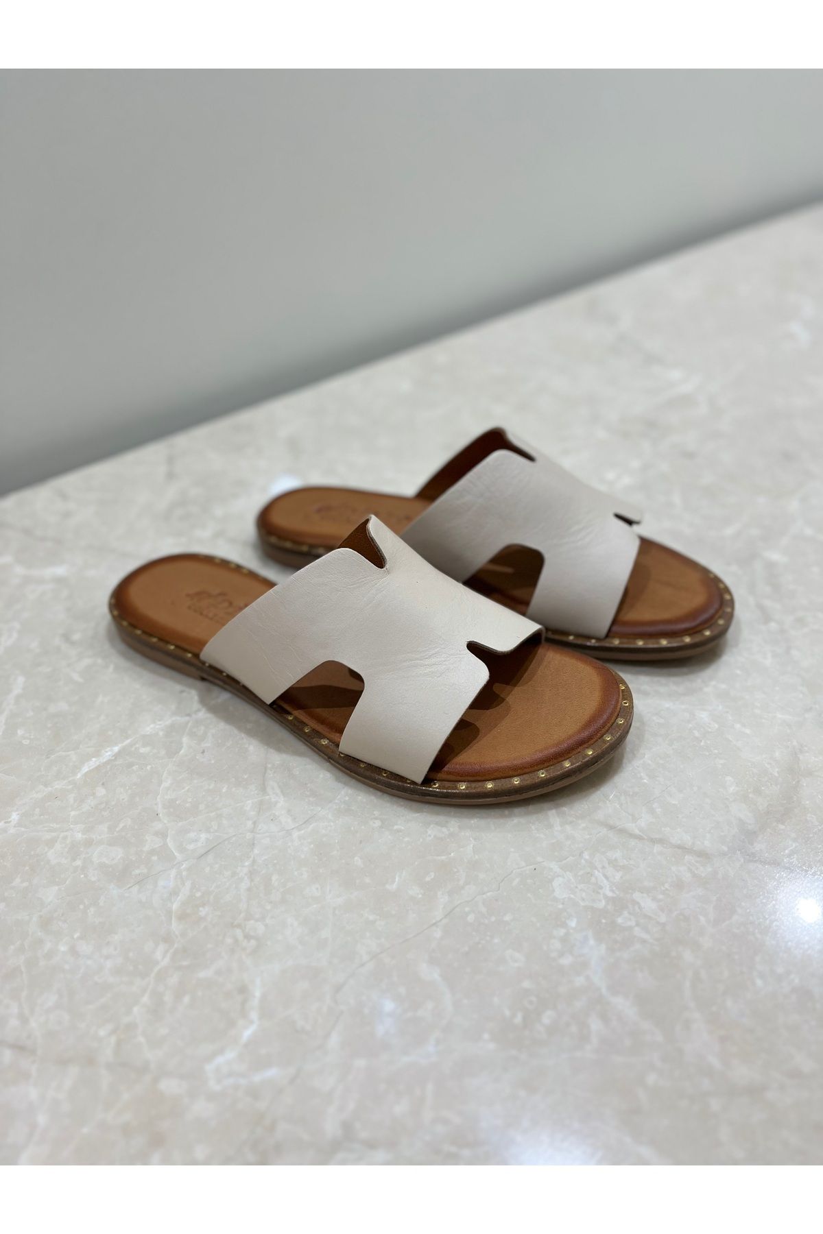 dino shoes Kadın Hakiki Deri Bej Terlik - El Yapımı Yazlık terlik