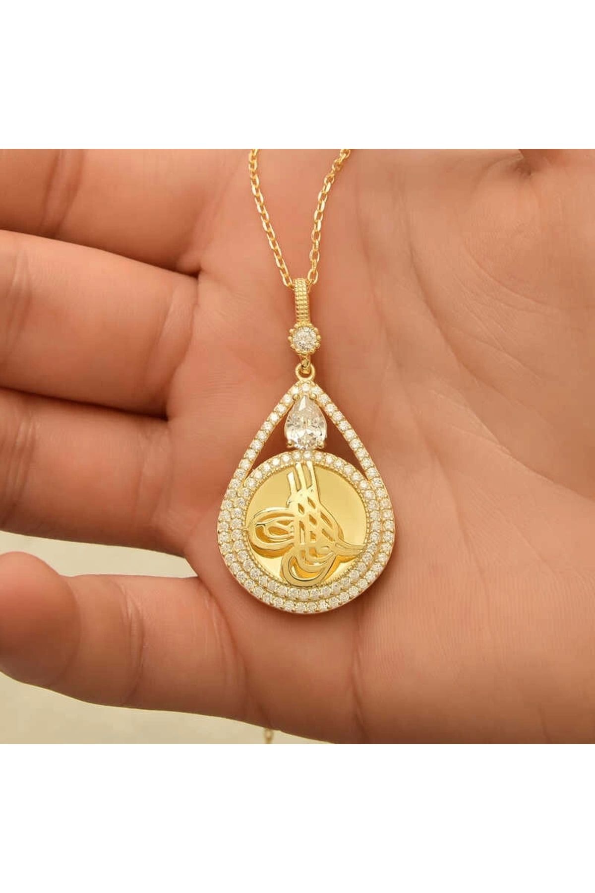 minaydan Gümüş Gold Kaplama Damla Tuğralı Kadın Kolye