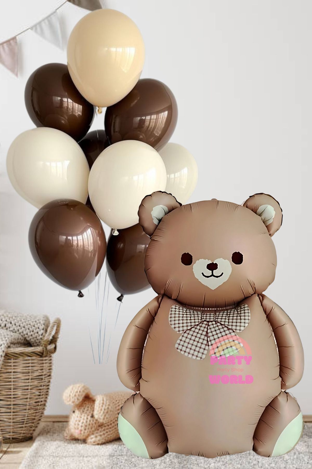 party world Papyonlu Kahverengi Ayıcık Folyo Balon & 10’lu Kahverengi Tonlar Balon Seti