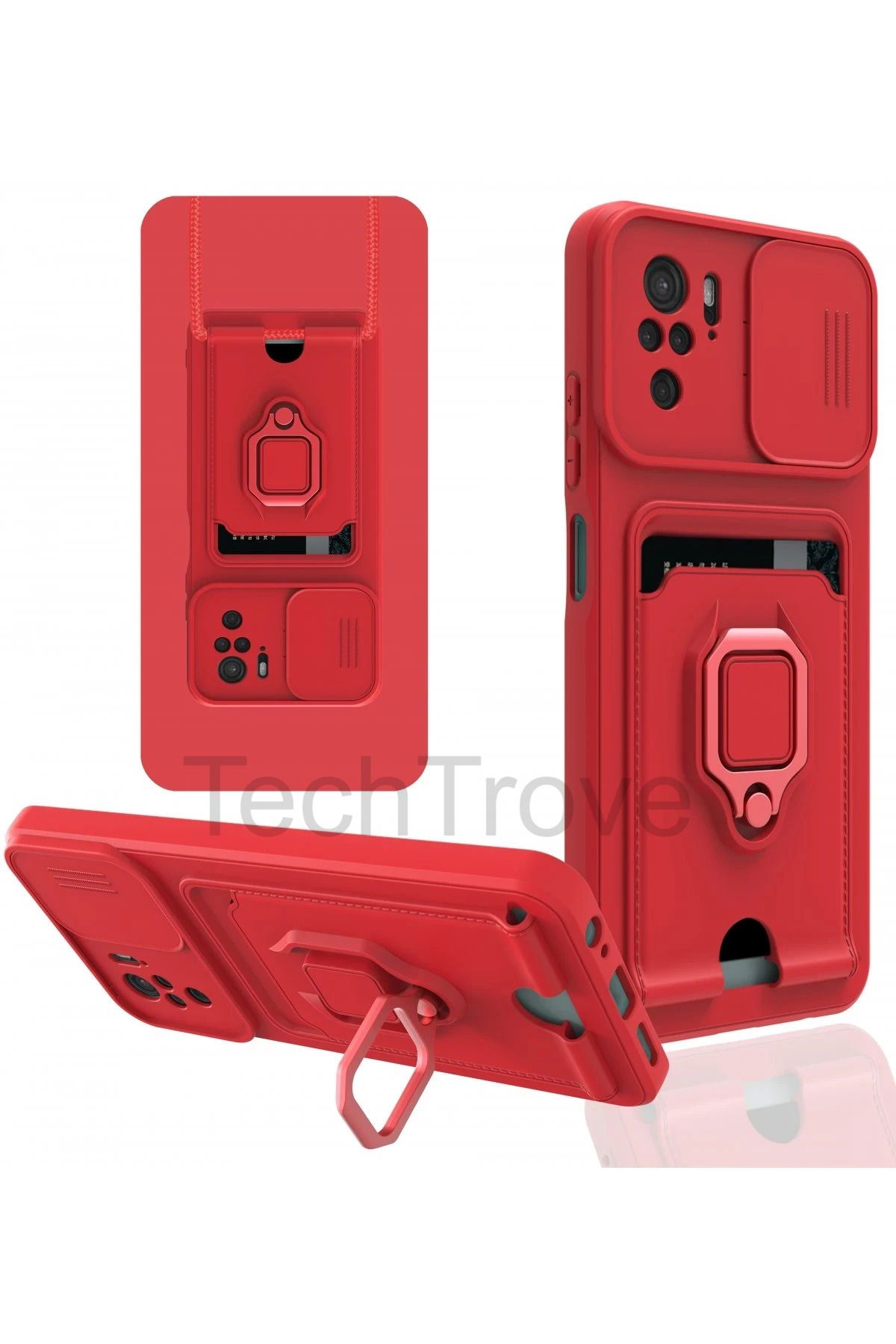 TechTrove Xiaomi Redmi Note 10 Kılıf Kamera Koruma Sürgülü Kartvizitli Kartlıklı Standlı İpli Renkli Kapak