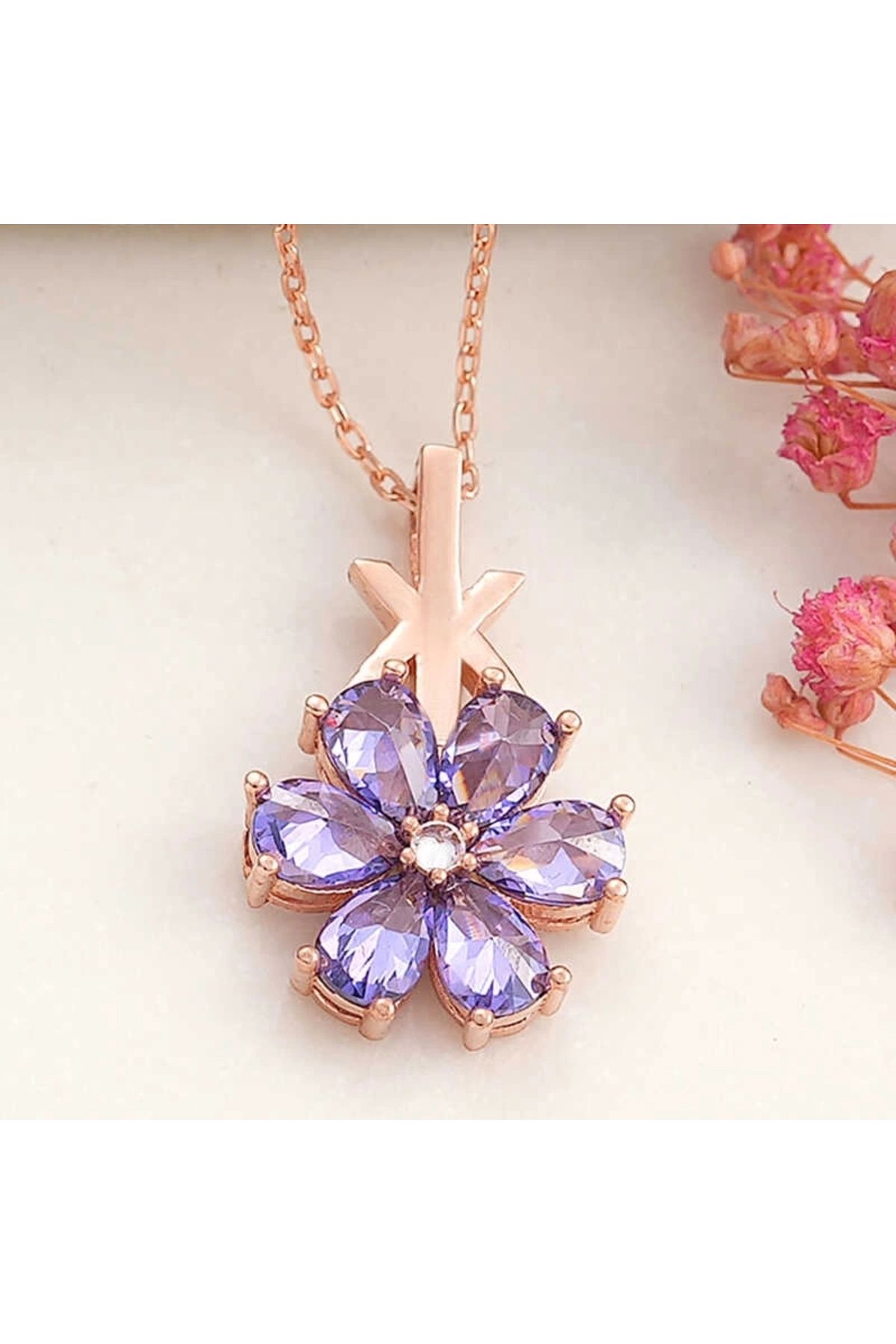 minaydan 925 Ayar Gümüş Rose Mor Sevgi Çiçeği Kadın Kolye