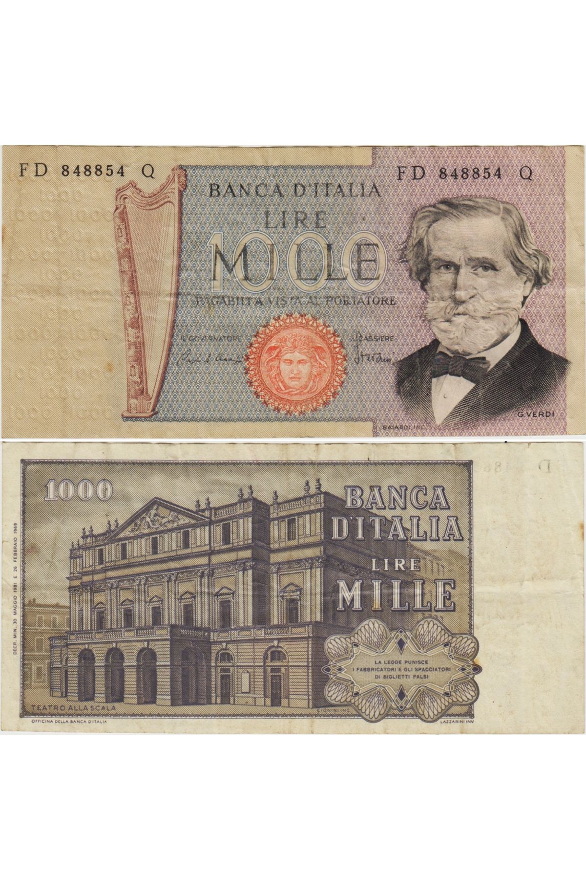 Banknoting İTALYA 1000 LİRET 1981 GİUSEPPE VERDİ TEMALI. ÇOK TEMİZ+ KONDİSYON