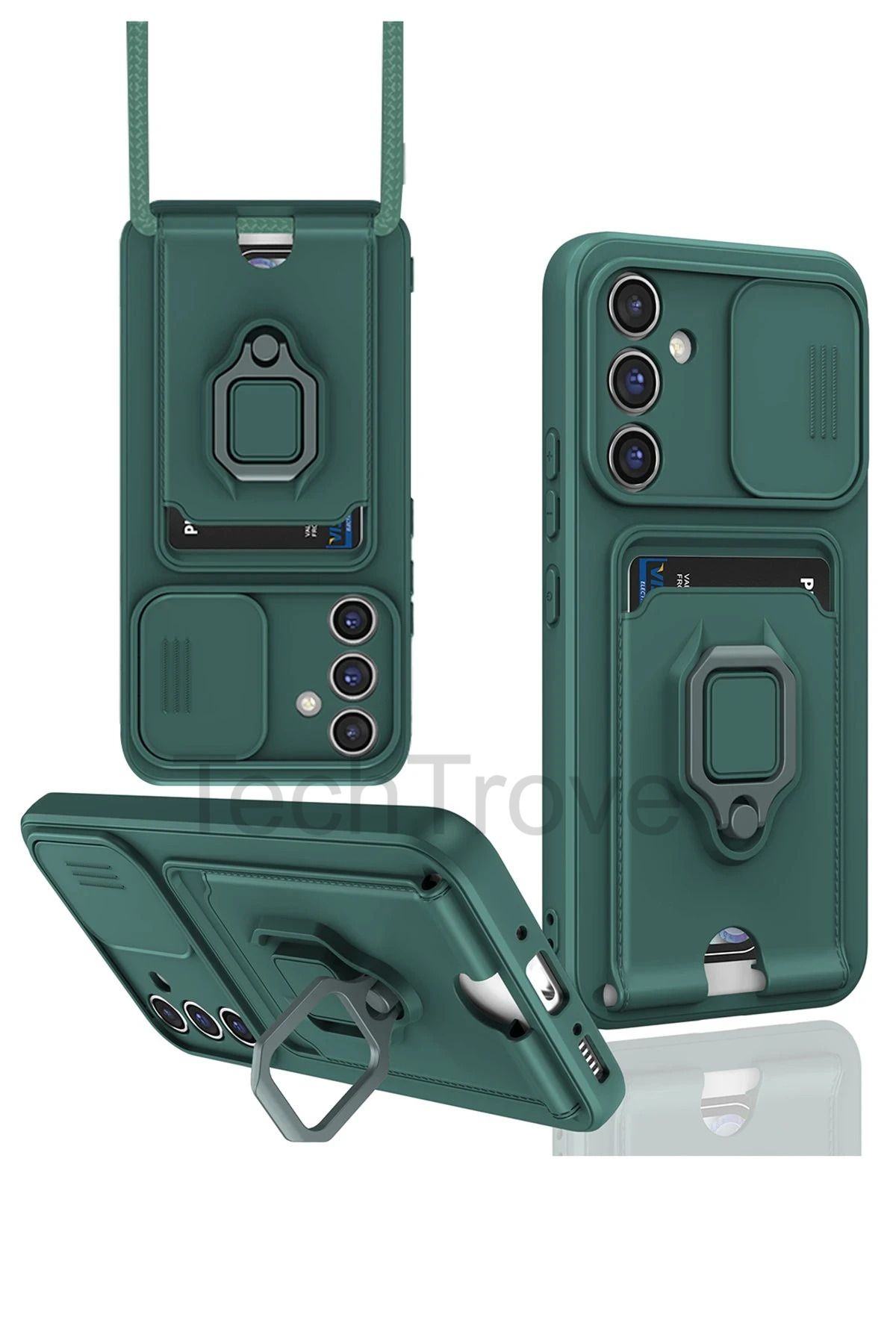 TechTrove Samsung Galaxy S23 FE Kılıf Kamera Koruma Sürgülü Kartvizitli Kartlıklı Standlı İpli Renkli Kapak