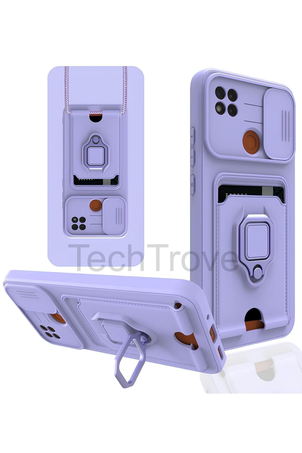 TechTrove Xiaomi Redmi 9C Kılıf Kamera Koruma Sürgülü Kartvizitli Kartlıklı Standlı İpli Renkli Kapak
