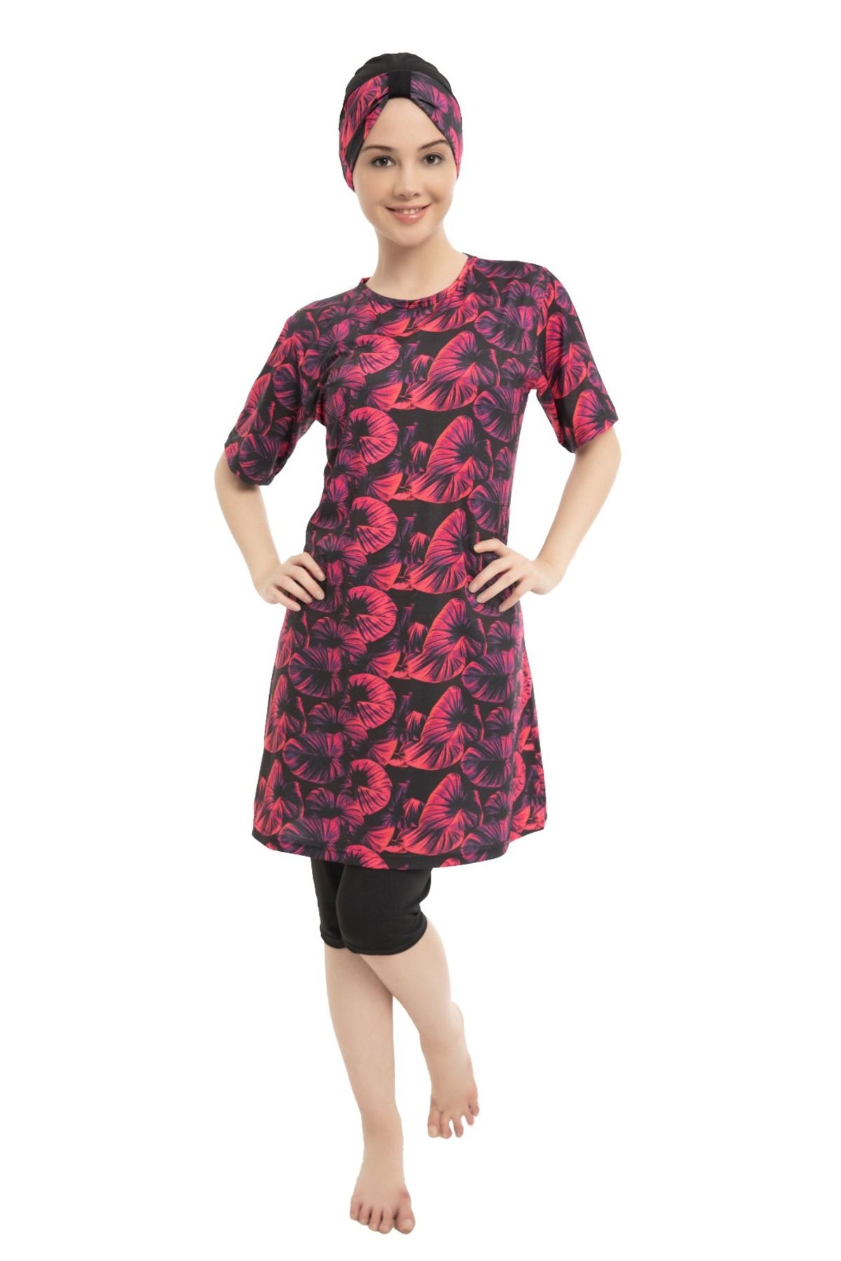 bazaar-turkey all you need Desenli Kısa Kollu Kısa Taytlı Tesettür Mayo 1604-58 Pembe