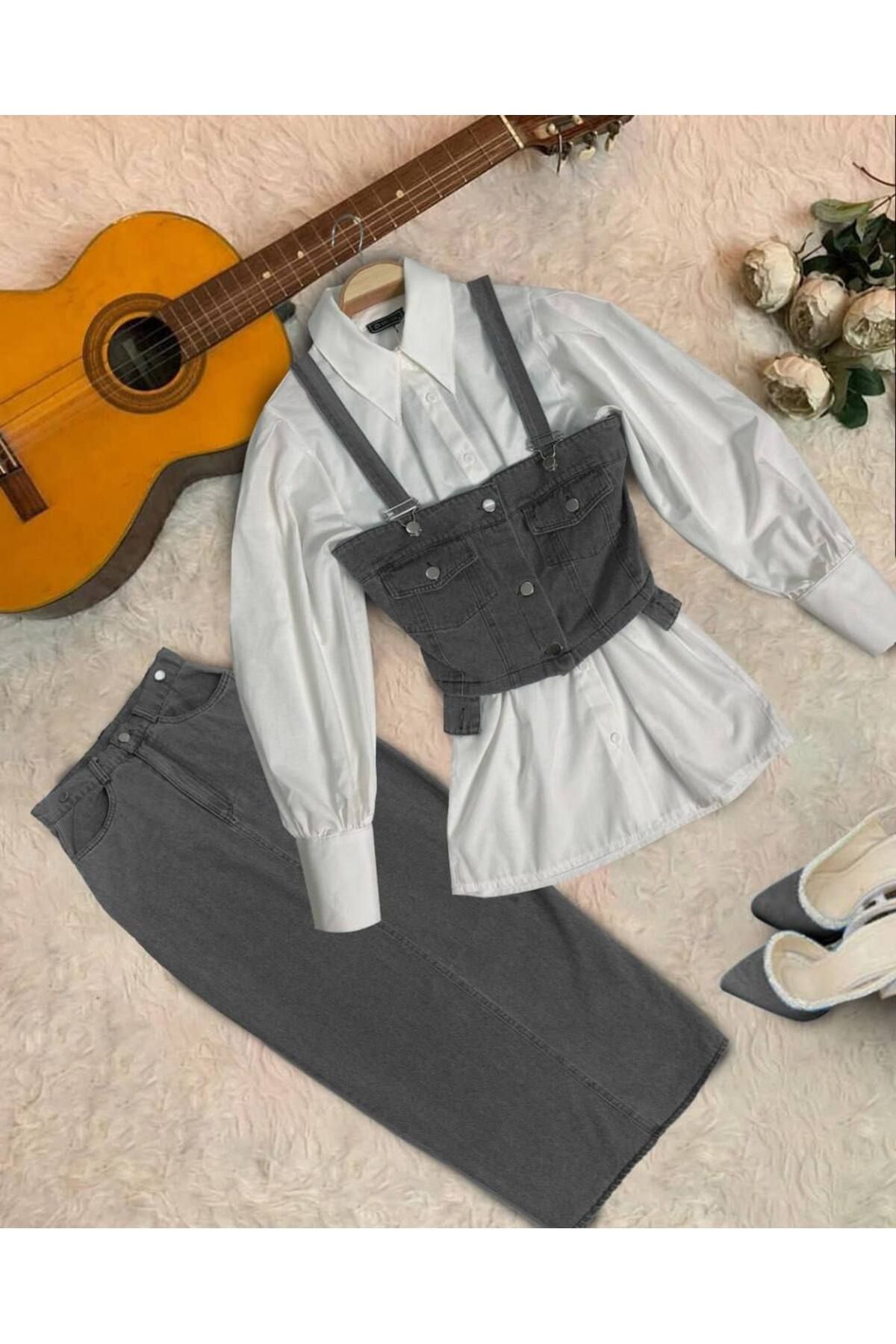zümrüt moda kot büstiyer , gömlek ve etek , üçlü etekli takım 1792