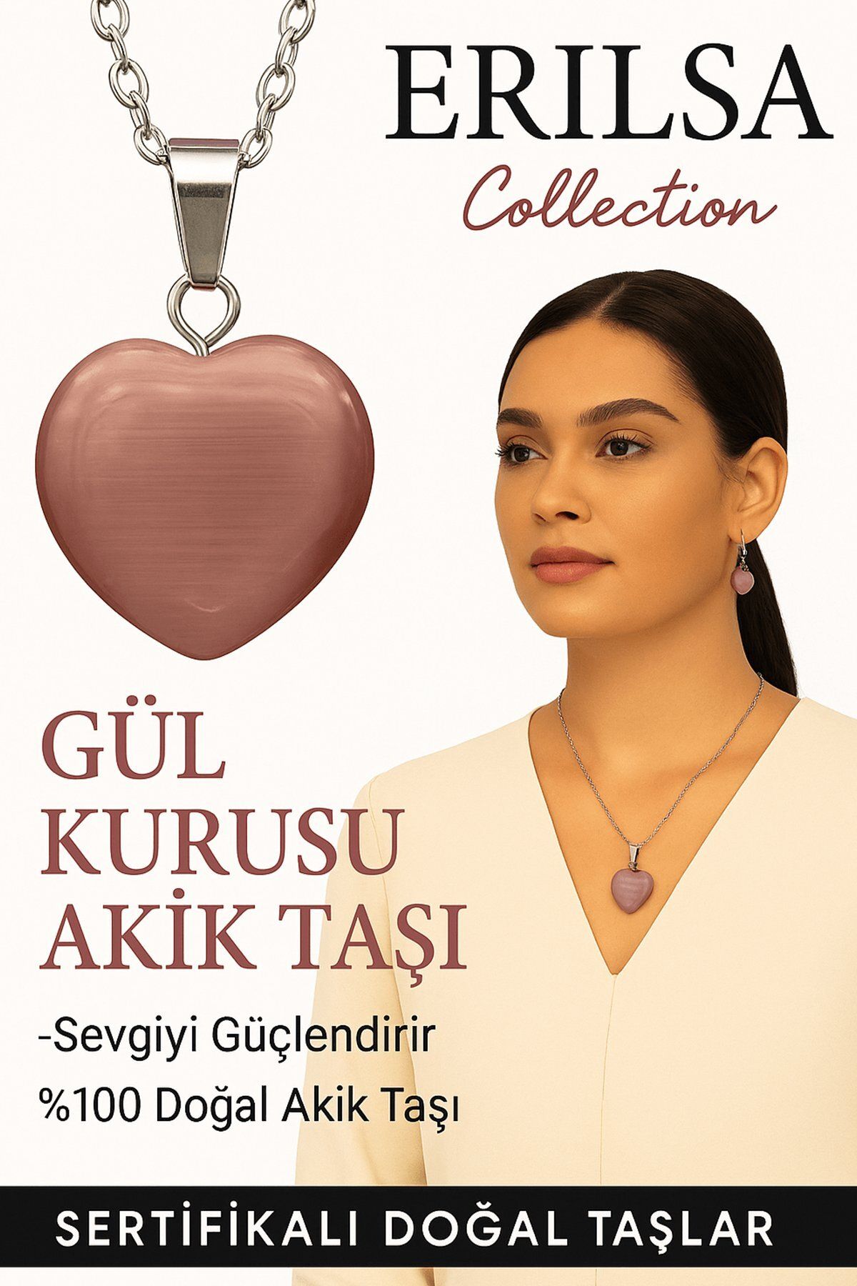 Erilsa Sertifikalı Kalp Model Gül Kurusu Akik Taşı Kolye – Duygusal Huzur ve İçsel Güç Kaynağı