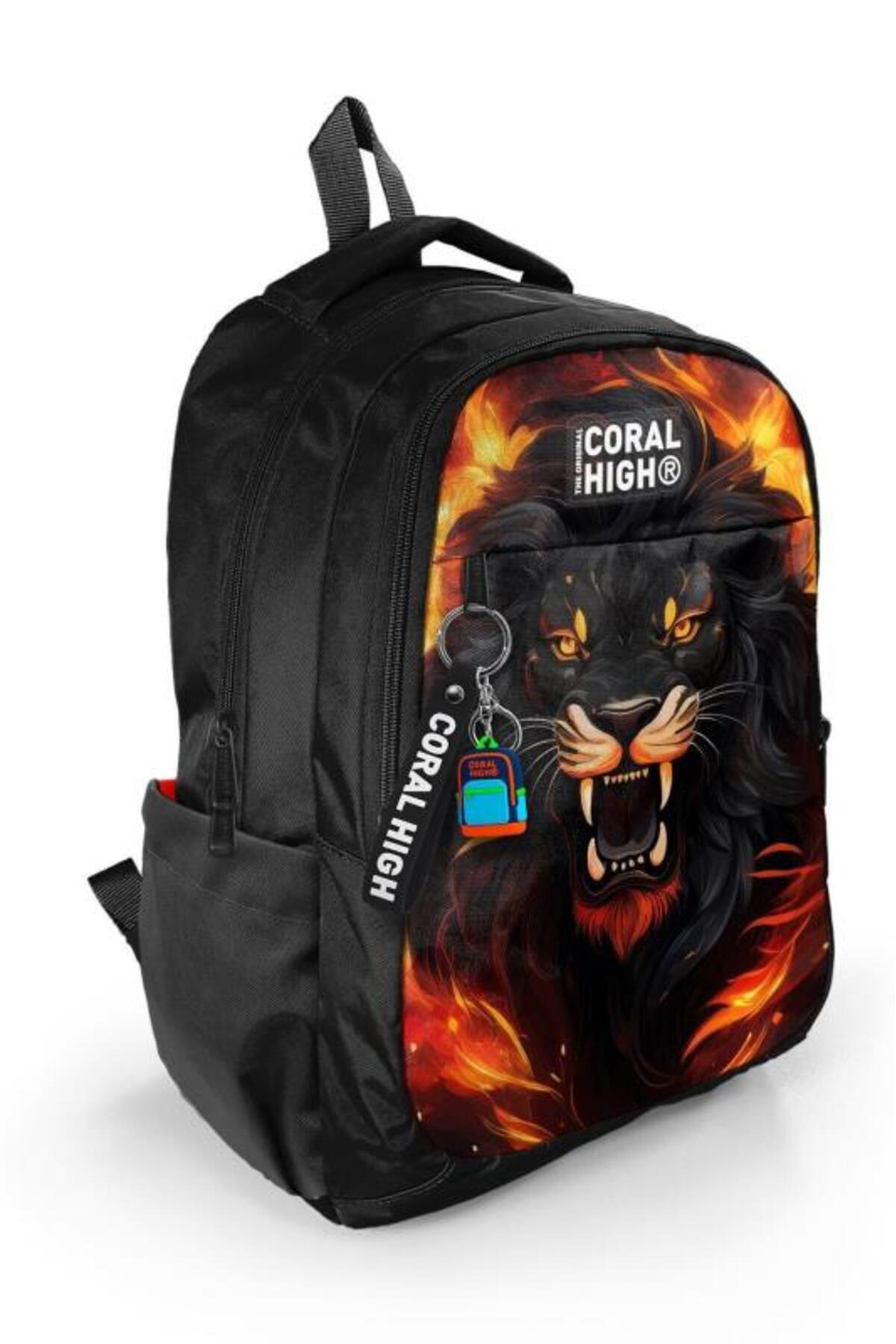 Kids Black Lion Pattern Three Compartment School Backpack 23671