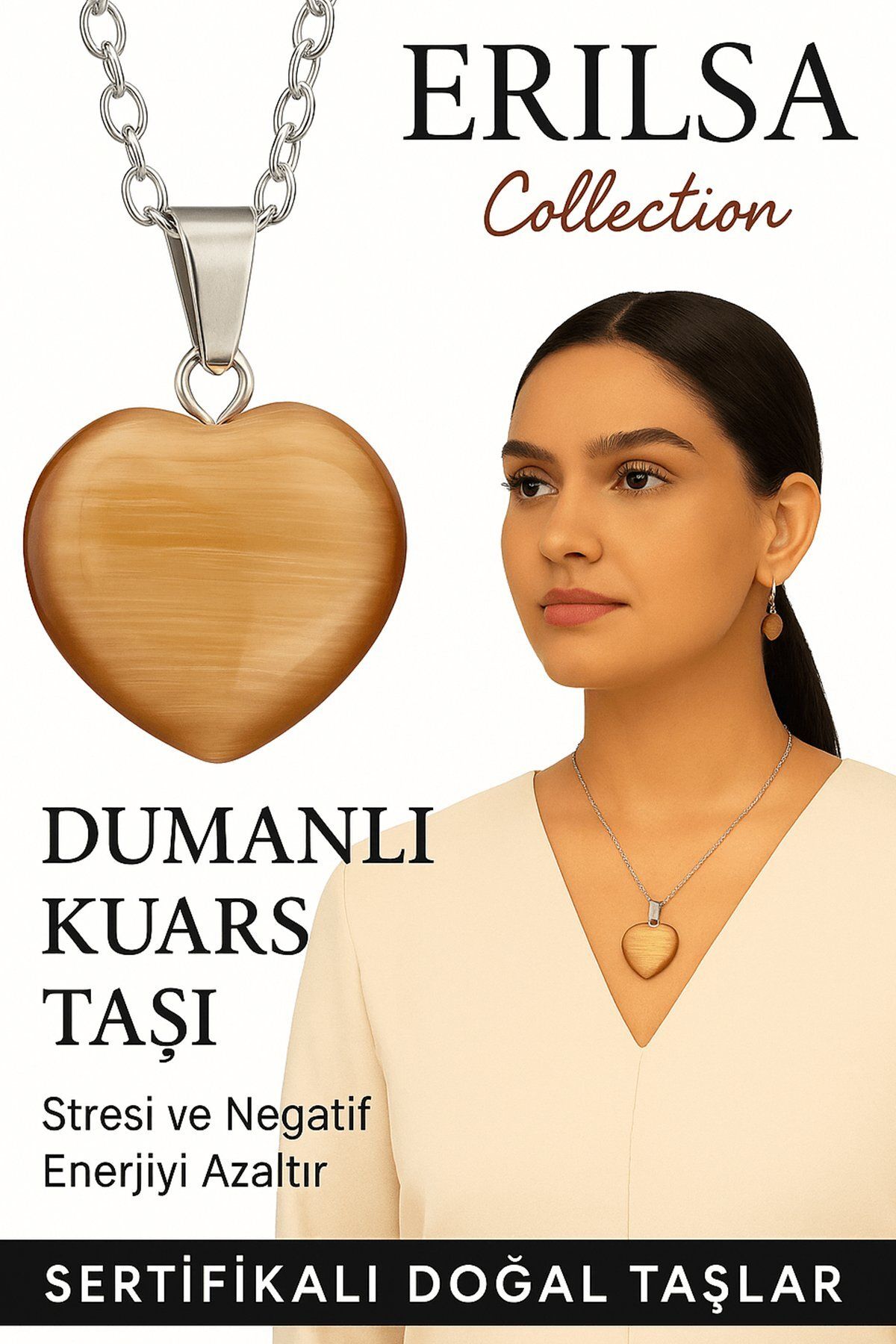 Erilsa Sertifikalı Kalp Model Dumanlı Kuvars Taşı Kolye – Negatif Enerjiye Karşı Kalkan ve Ruhsal Arınma