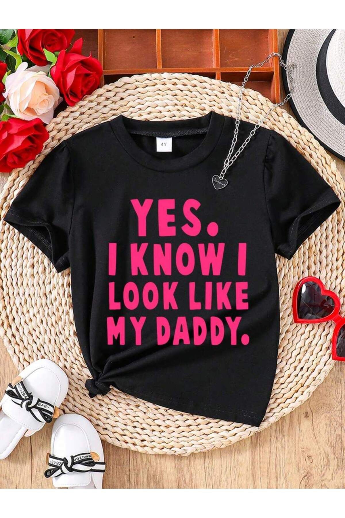 ELNOYA Unisex Siyah Oversize Tişört "I Look Like My Daddy" Baskılı Rahat Günlük T-shirt