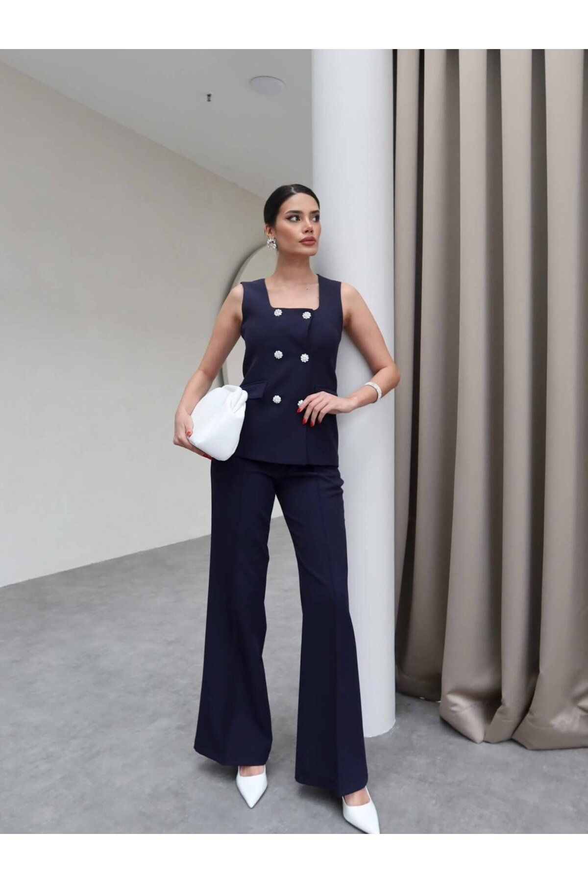 Hotfashion TAŞ DÜĞMELİ SIFIR KOL YELEK PANTOLON TAKIM