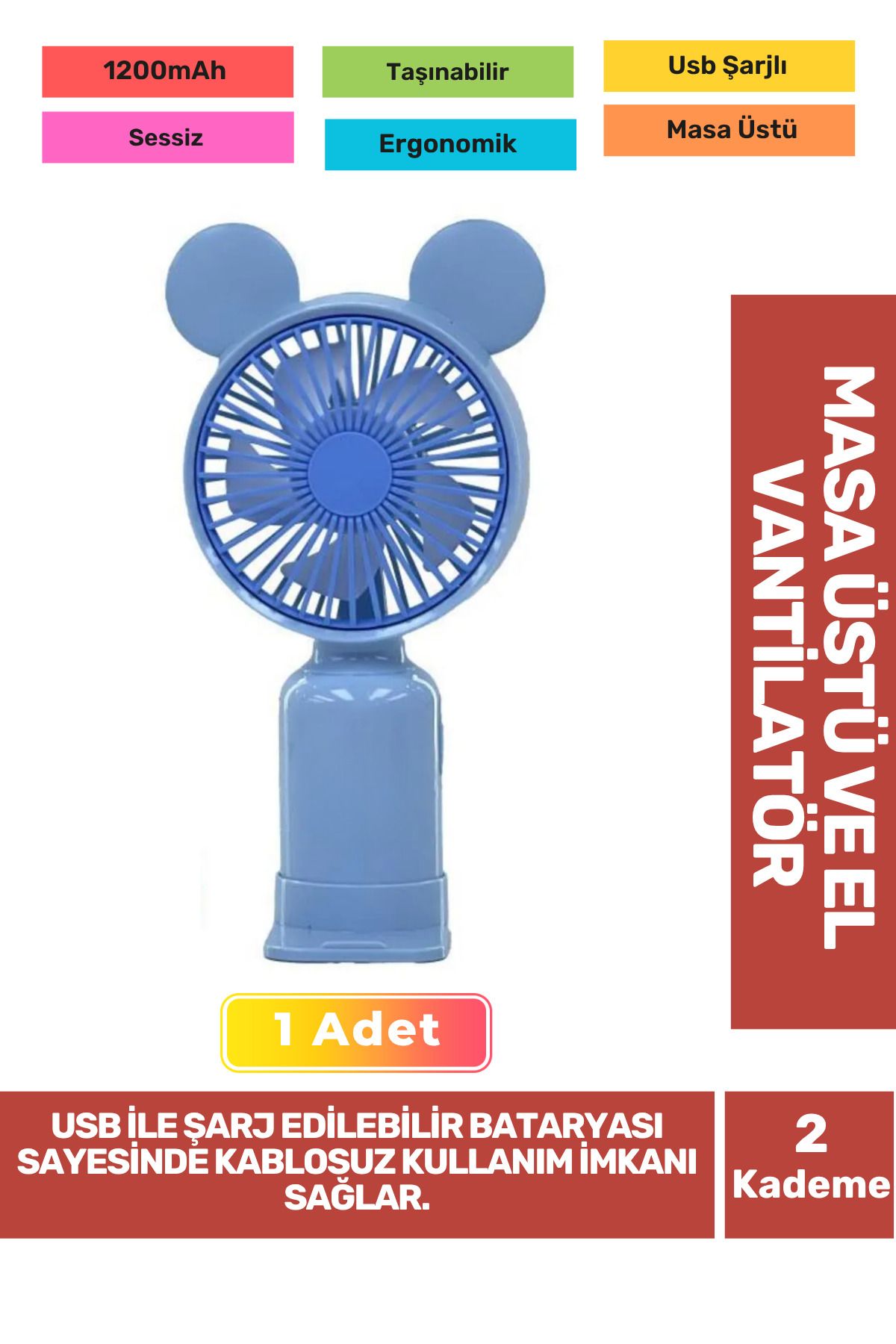 Fantazer 2 Kademeli Ultra Sessiz Hafif Kablosuz 1200mAh Pervaneli Taşınabilir Usb Şarj Masa El Fan Vantilatör