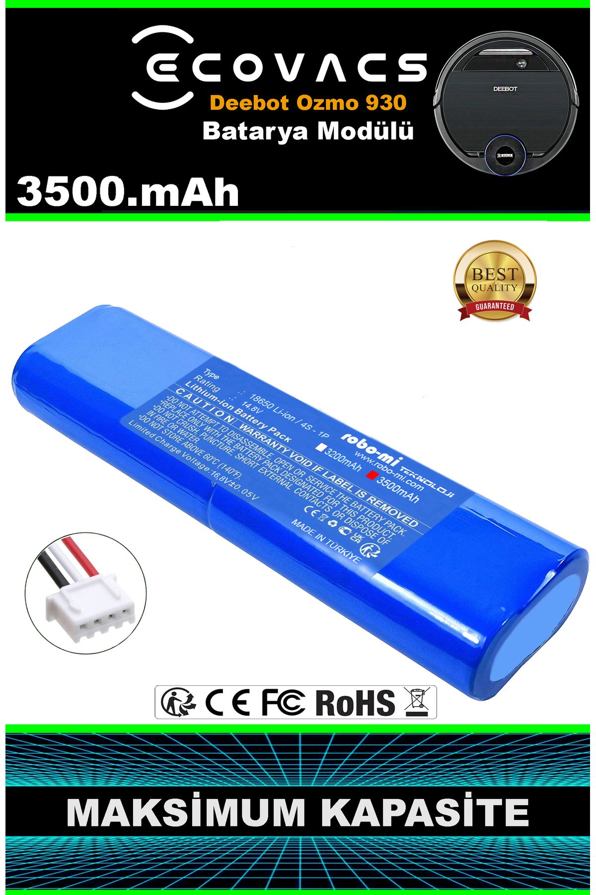robo-mi Ecovacs Deebot Ozmo 930 3500mAh Robot Süpürge Bataryası - Gerçek Kapasite, Maksimum Güvenlik