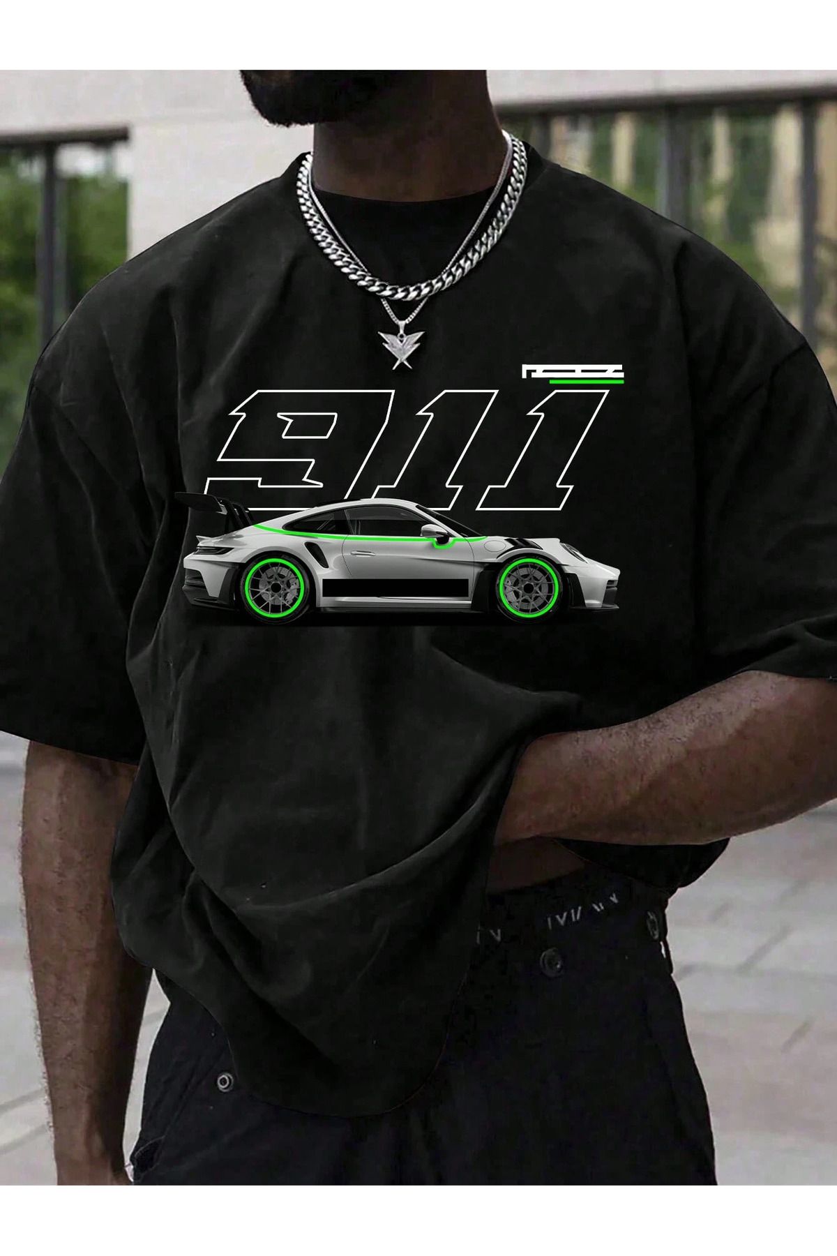 ELNOYA Unisex Siyah Oversize Tişört "ACar 911" Baskılı Rahat Günlük T-shirt