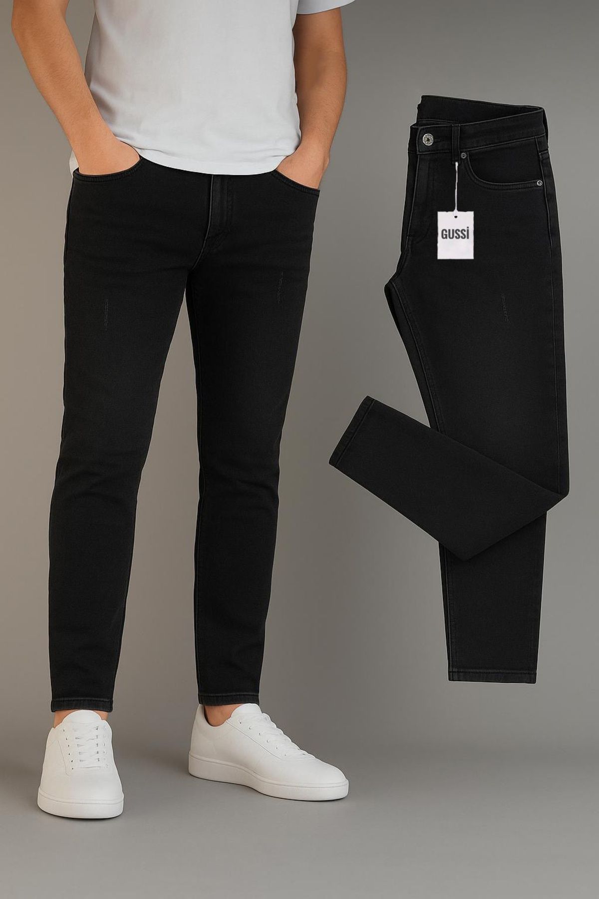 BM BALANCEMODA Erkek Siyah Slim Fit Likralı Tırnaklı Kot Pantolon