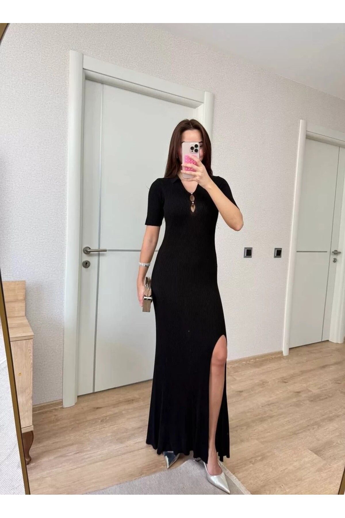 AMO Yakalı Fitilli Kısa kollu Uzun Triko Elbise - Siyah