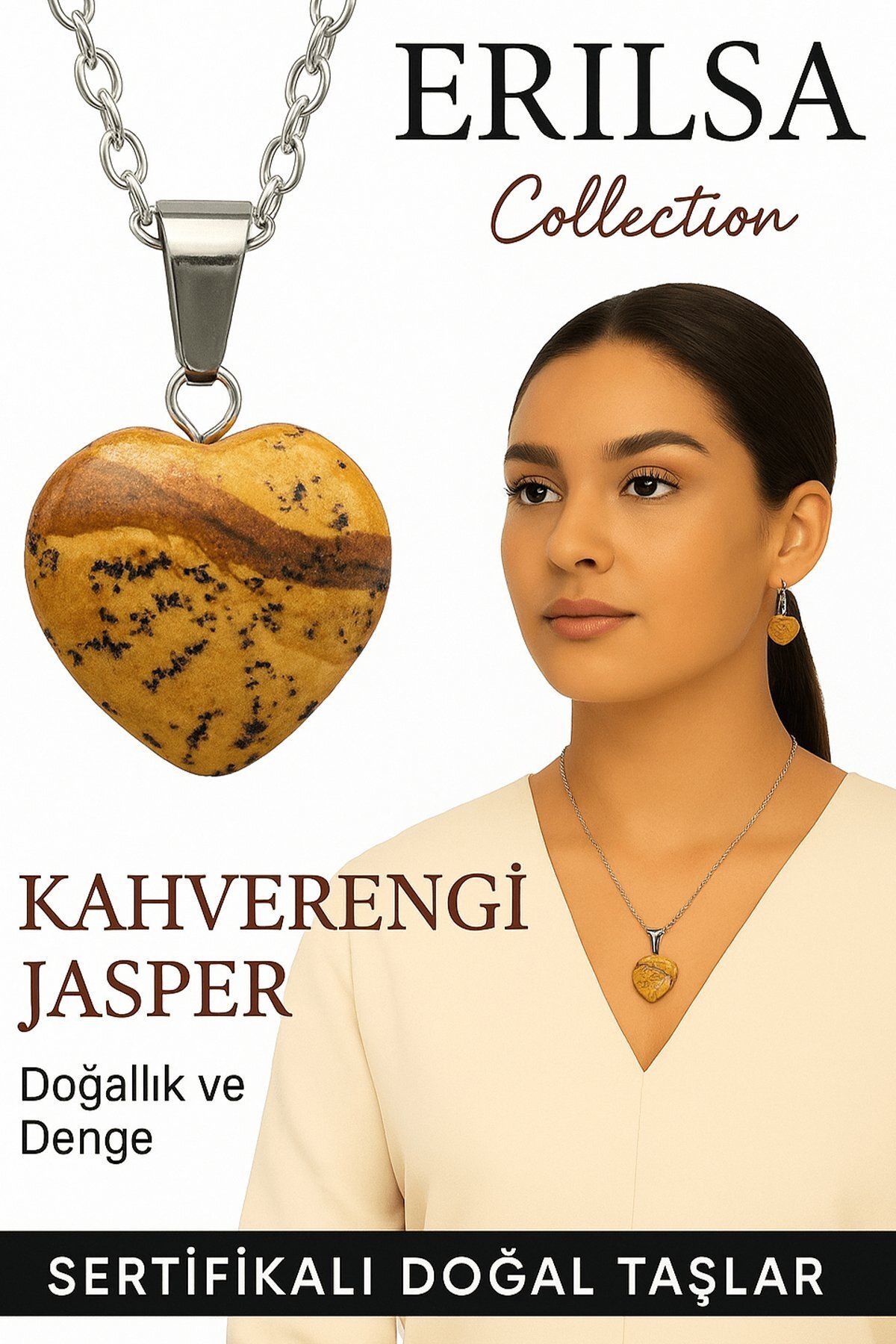 Erilsa Sertifikalı Kalp Model Kahverengi Jasper Taşı Kolye – Topraklanma, Güven ve Ruhsal Denge