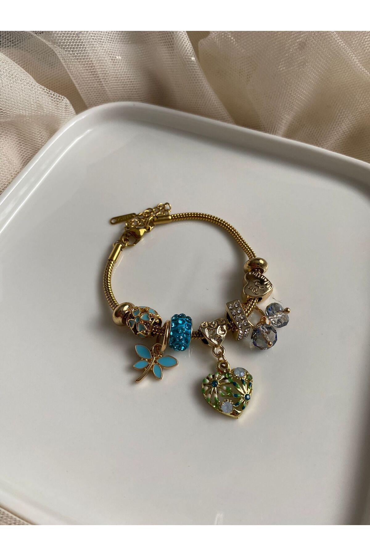 Bellamy Jewelry Taşlı Charm Bileklik Mavi - Gold