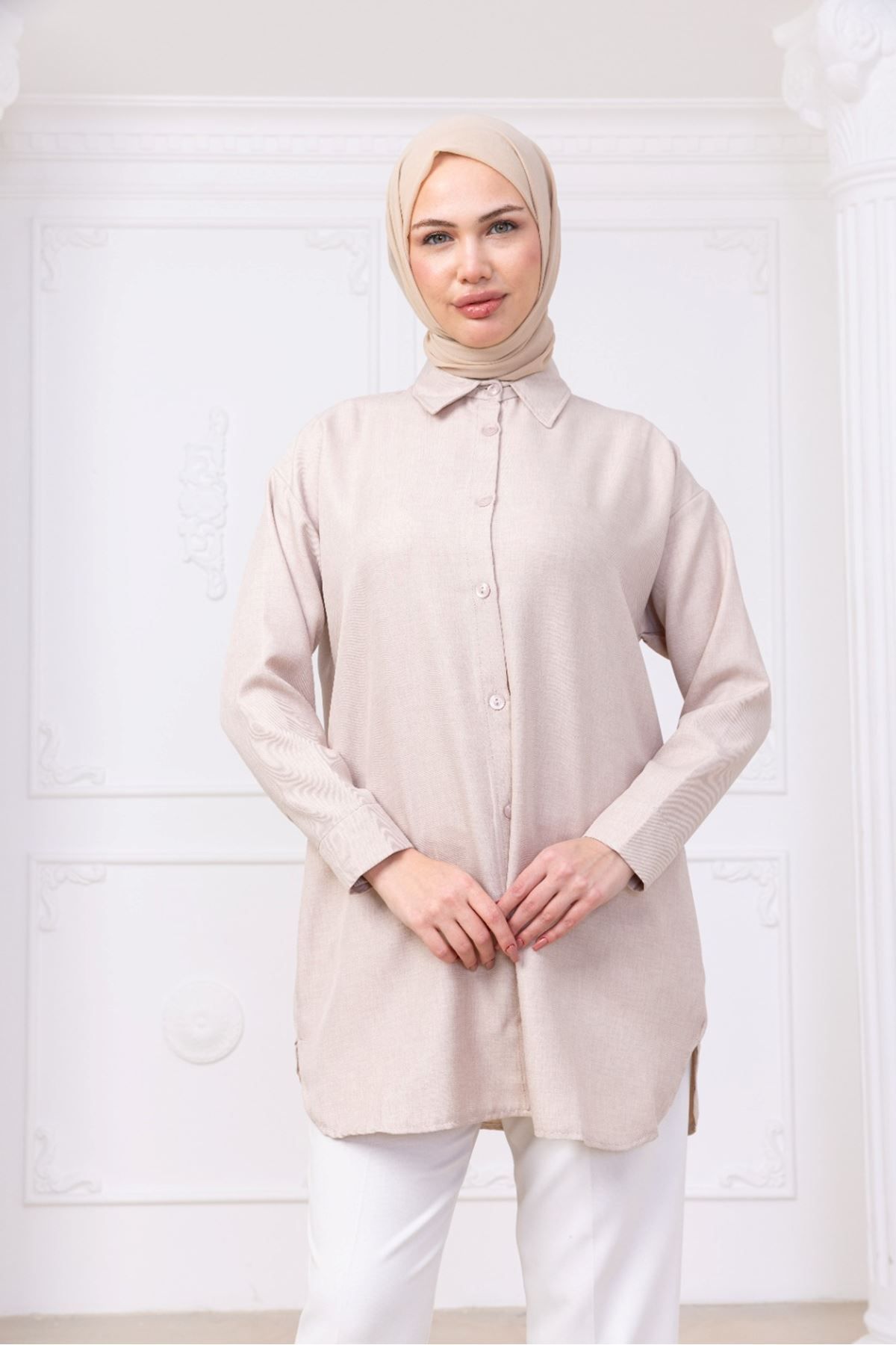 katalya Oversize Uzun Basic Gömlek -Bej