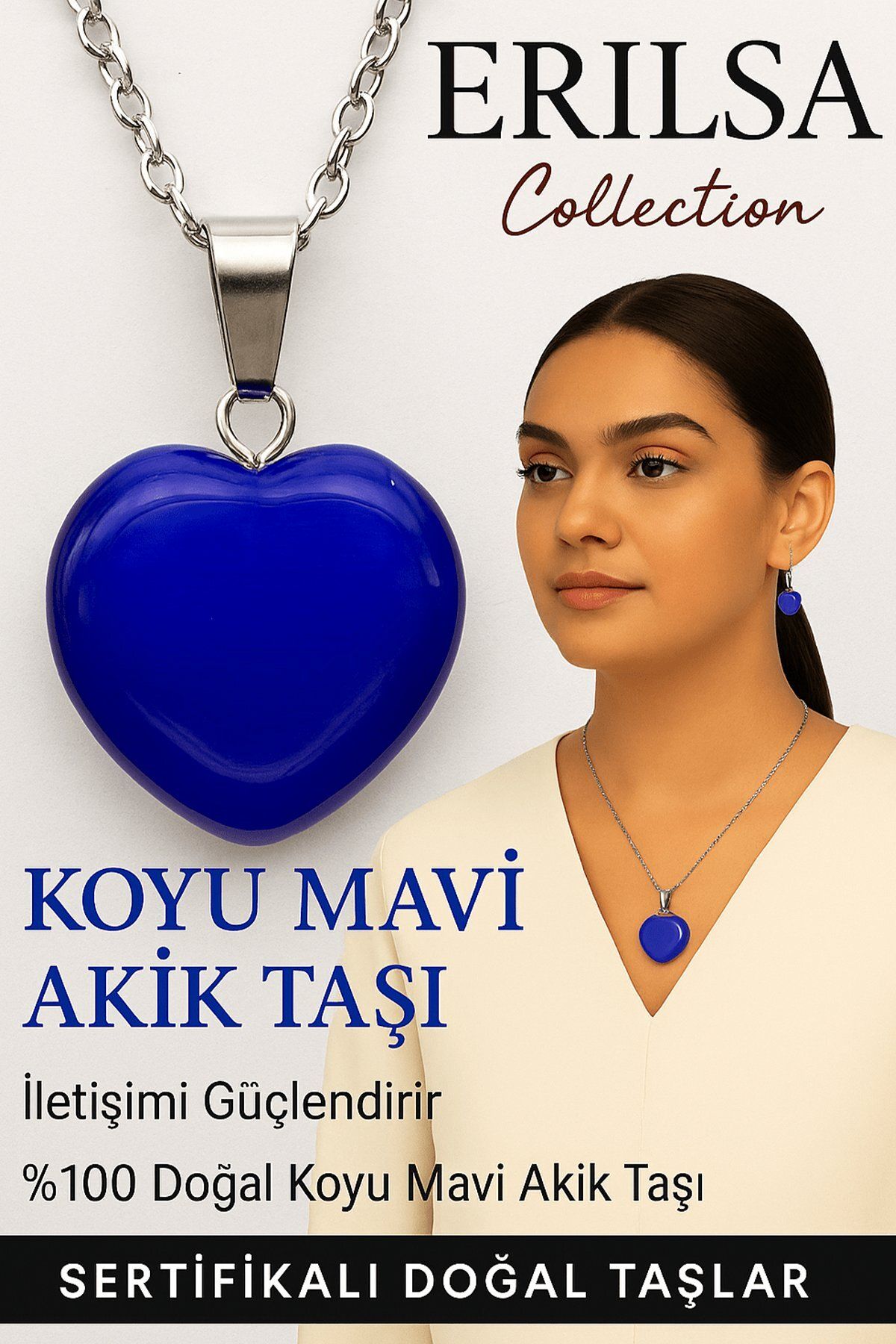 Erilsa Sertifikalı Kalp Model Koyu Mavi Akik Taşı Kolye – Negatif Enerjiye Karşı Kalkan ve Ruhsal Arınma