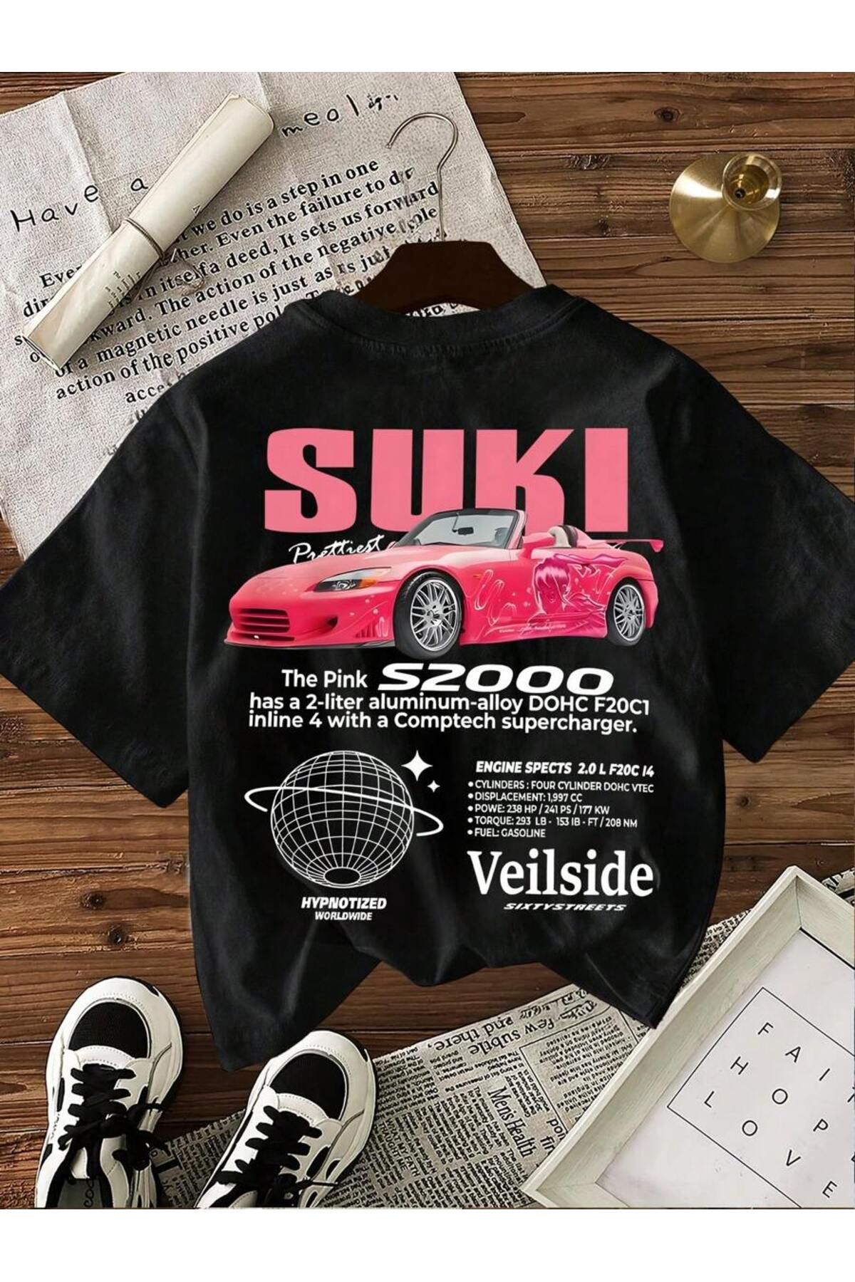 ELNOYA Unisex Siyah Oversize Tişört "Suki S2000" Baskılı Rahat Günlük T-shirt
