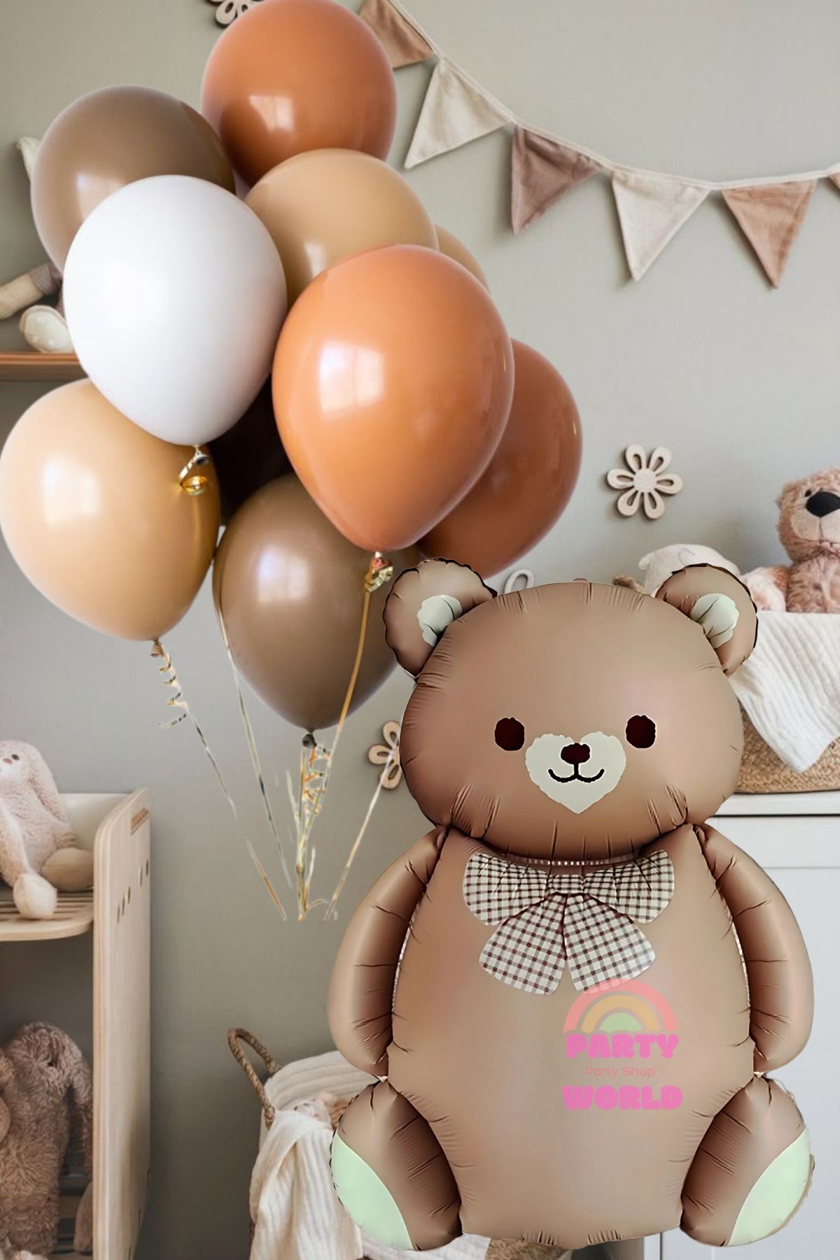 party world Papyonlu Kahverengi Ayıcık Folyo Balon & 10’lu Karamel Kahve Tonlar Balon Seti