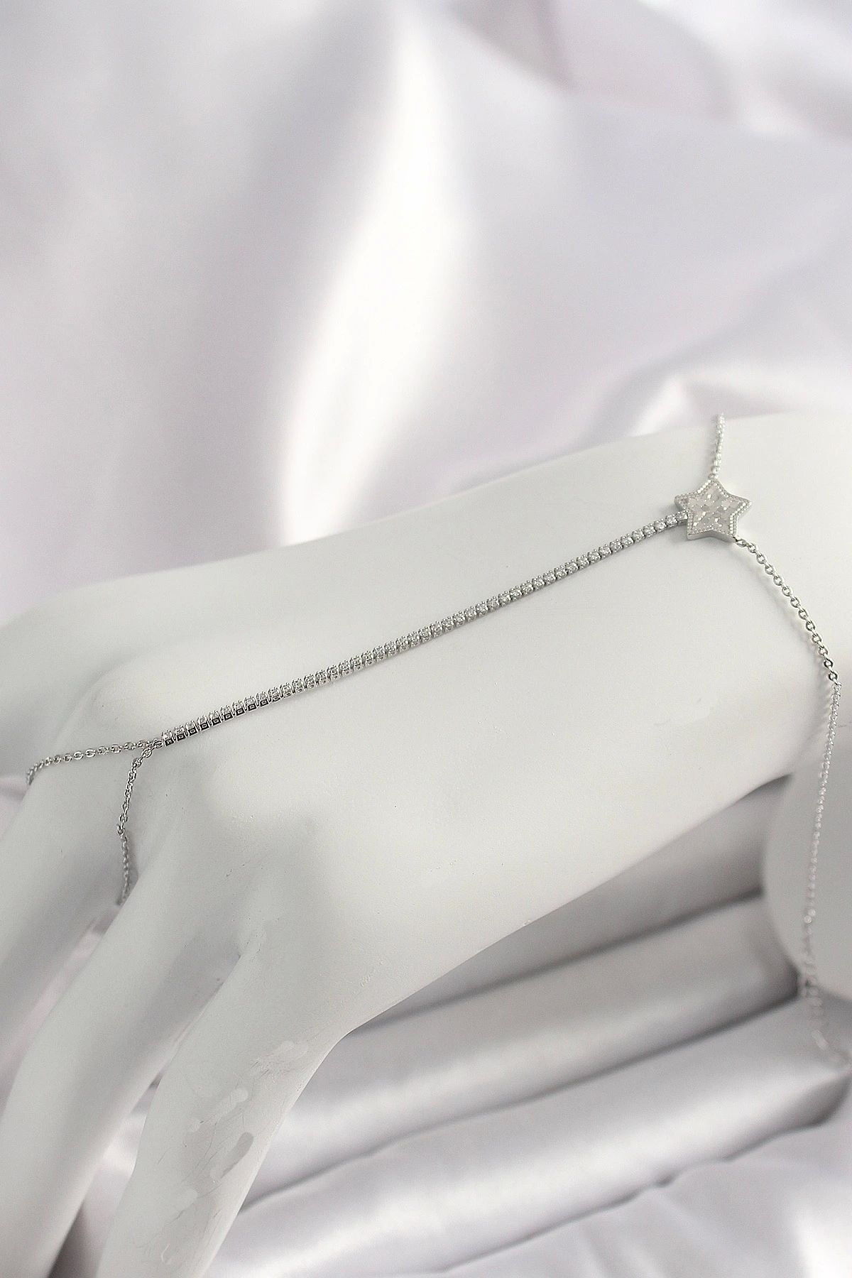 OurStyles Pirinç Gümüş Renk Su Yolu Zirkon Taşlı Yıldız Model Kadın Şahmeran - TJ-SN622