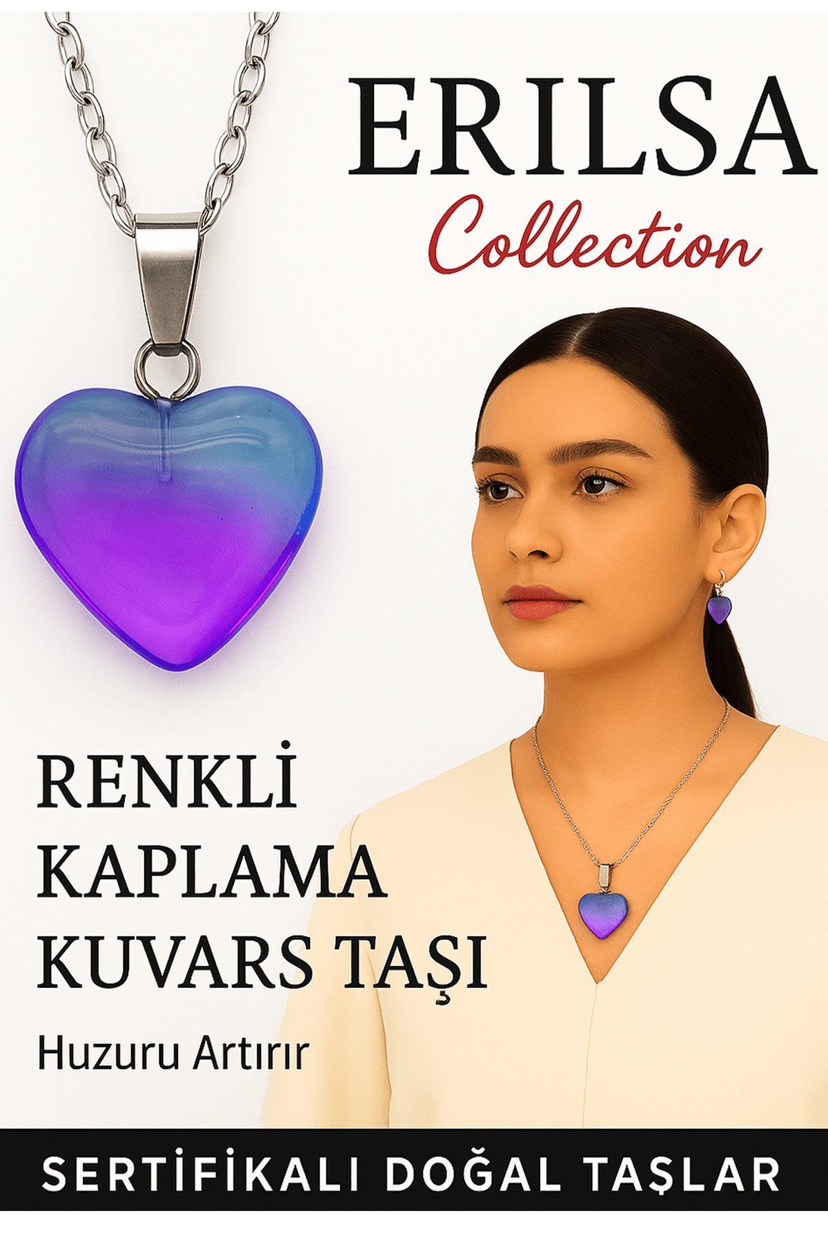 Erilsa Sertifikalı Renkli Kaplama Kuvars Taşı Kolye (Mavi Mor) – Spiritüel Farkındalık ve İletişim Gücü