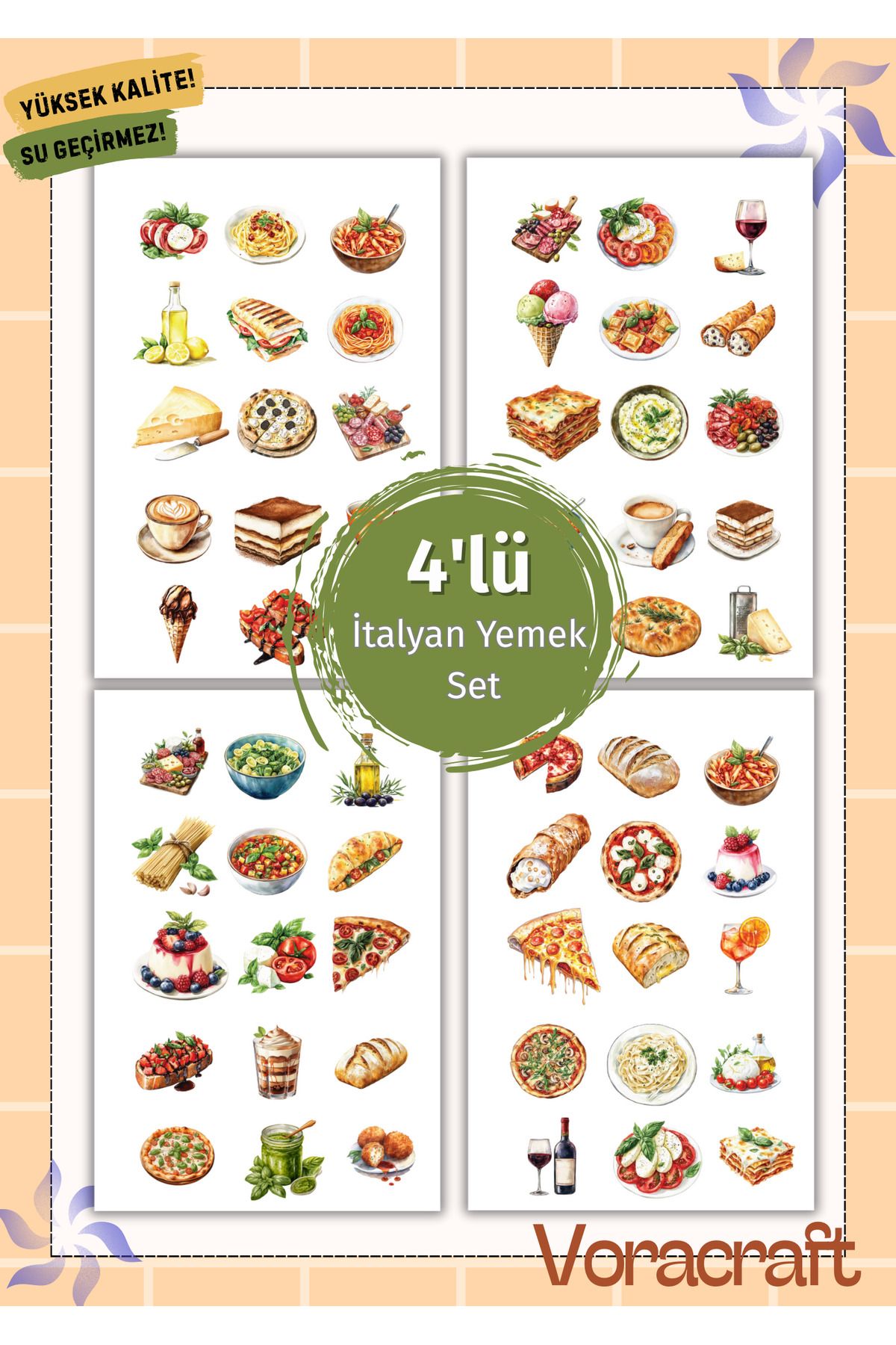 VORACRAFT 4'lü İtalyan Yemek Sticker Set Ajanda Bullet Journal Set A027