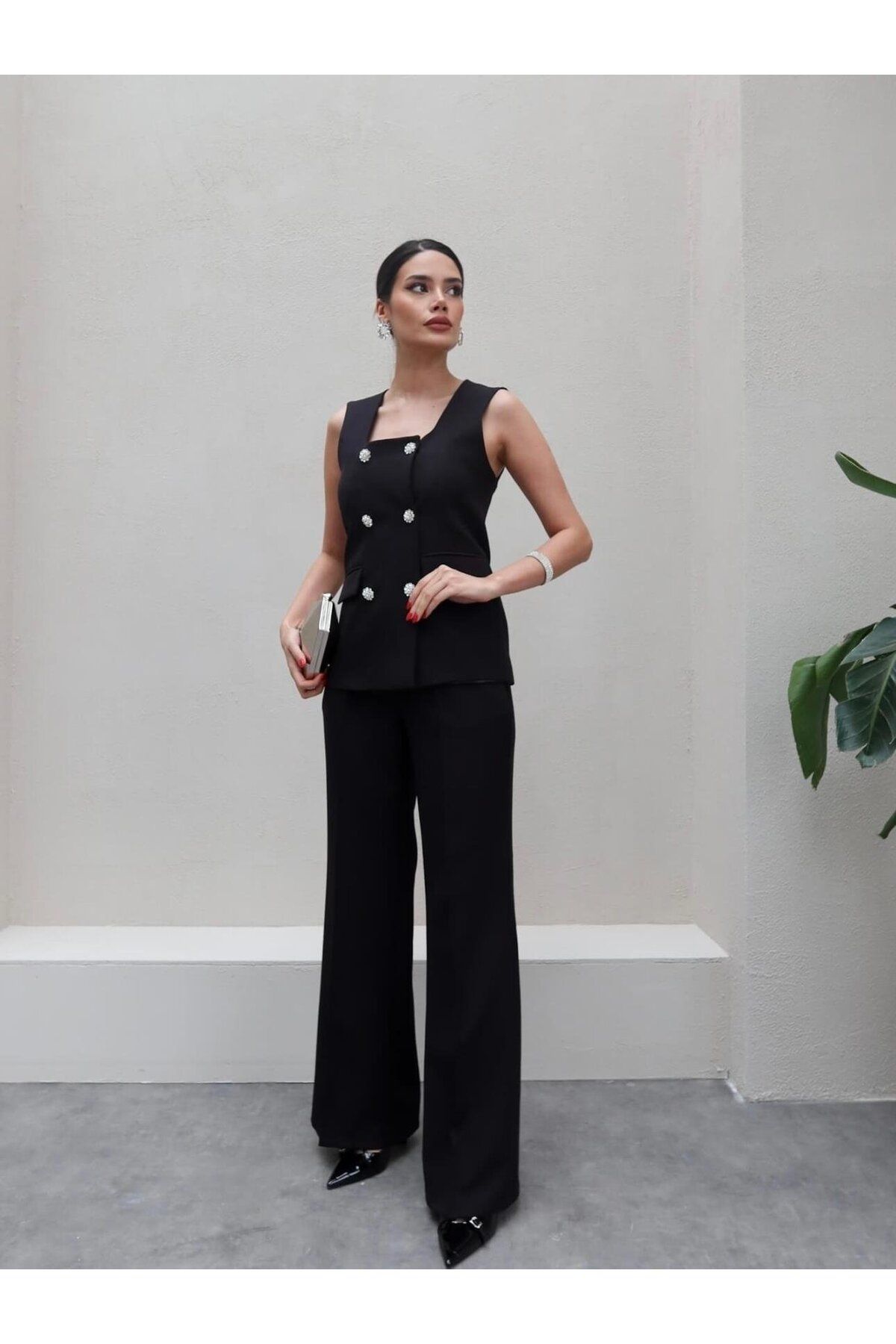 Hotfashion TAŞ DÜĞMELİ SIFIR KOL YELEK PANTOLON TAKIM