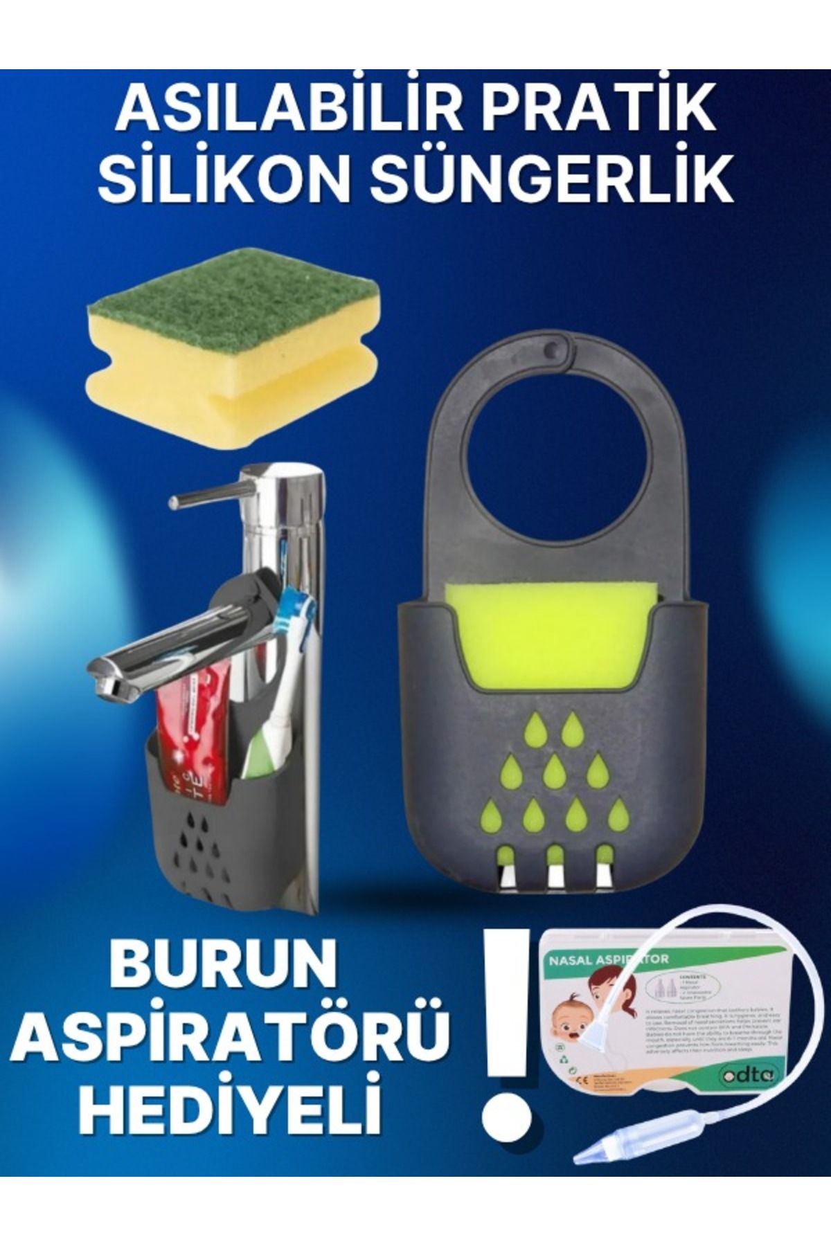 ODTA Pratik Asılabilir Silikon Bulaşık Süngerlik, Sünger Hediyeli Nasal aspiratör hediyeli