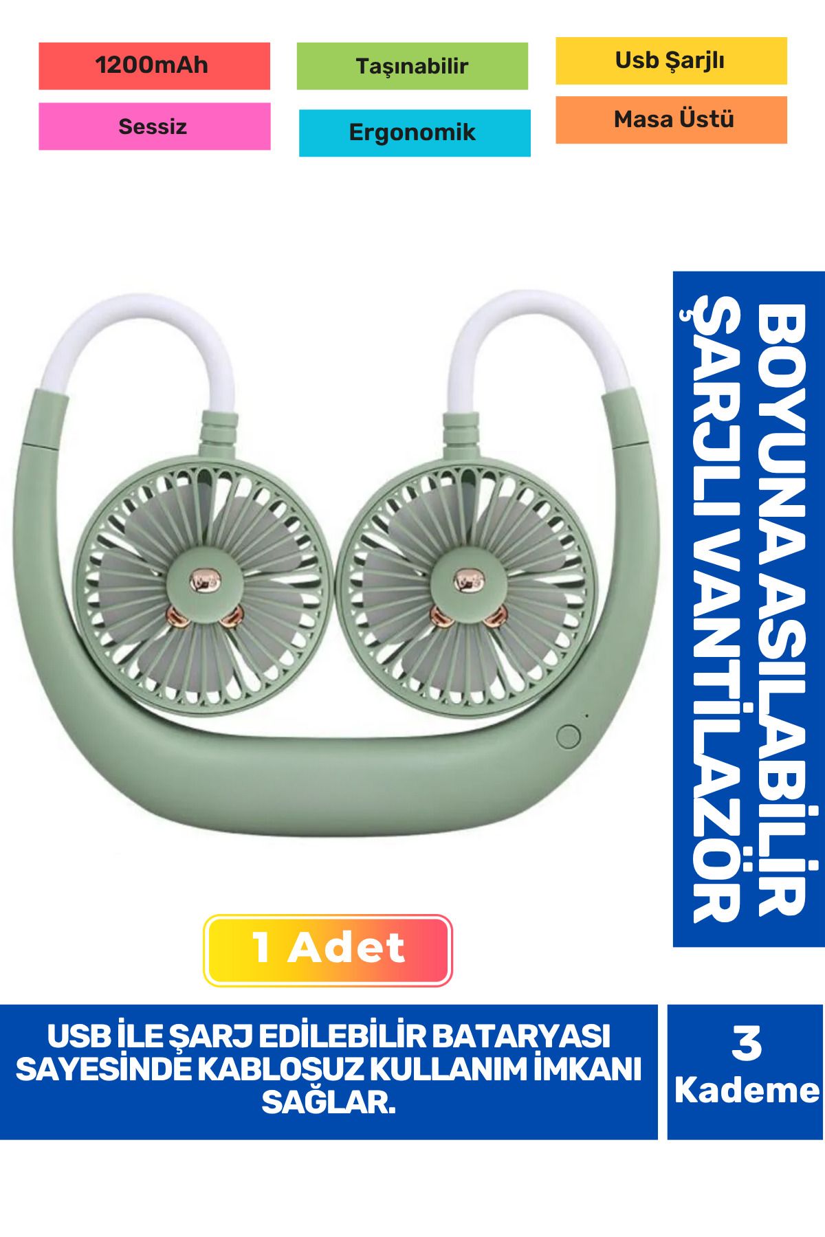 Fantazer 3 Kademeli Ultra Sessiz Sarı Eller Serbest Boyuna Asılabilir Şarjlı Klima Soğutucu Fan Vantilatör