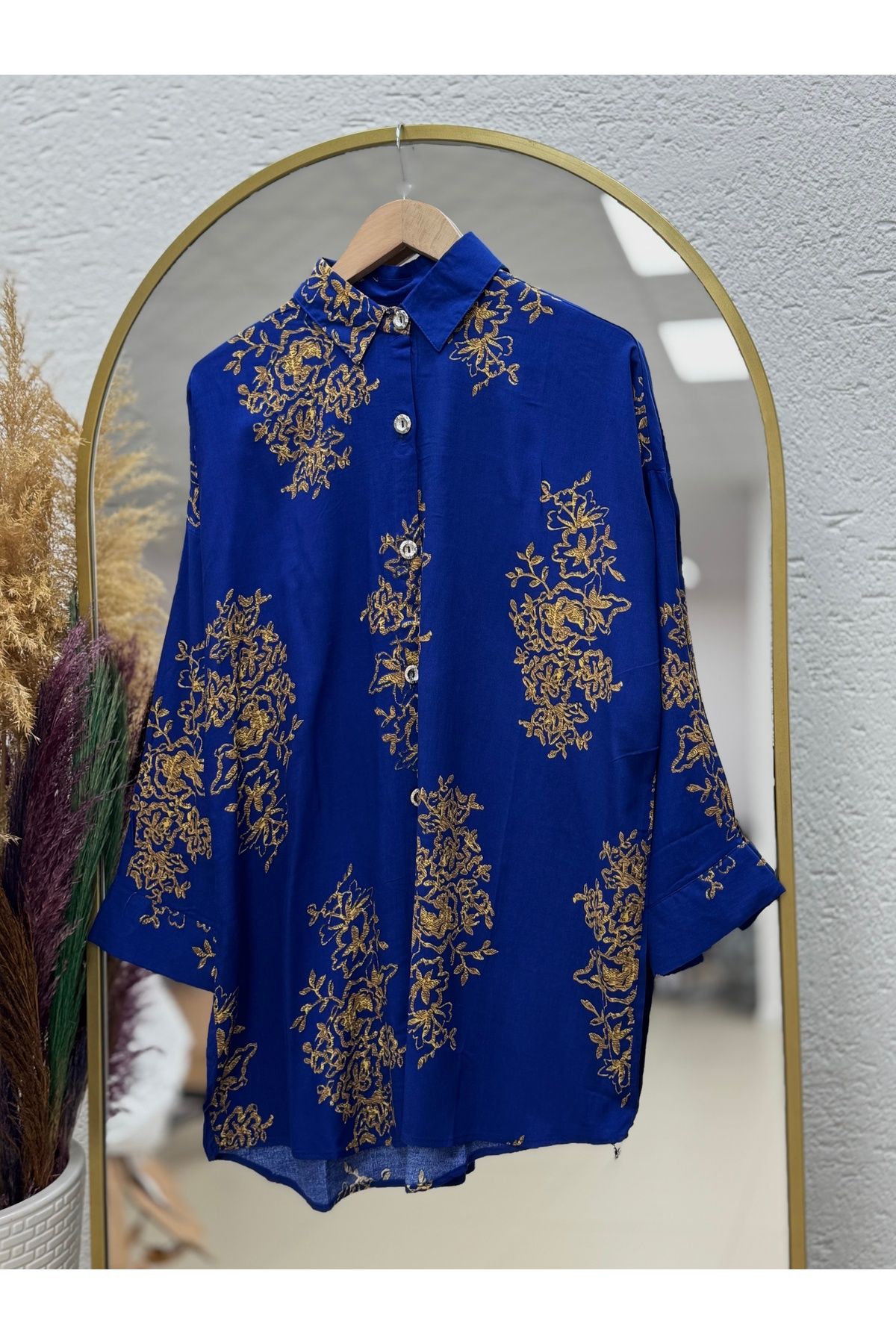 MİHRA STORE Roma Parçalı Etnik Desen Viskon Gömlek-PE204 İndigo