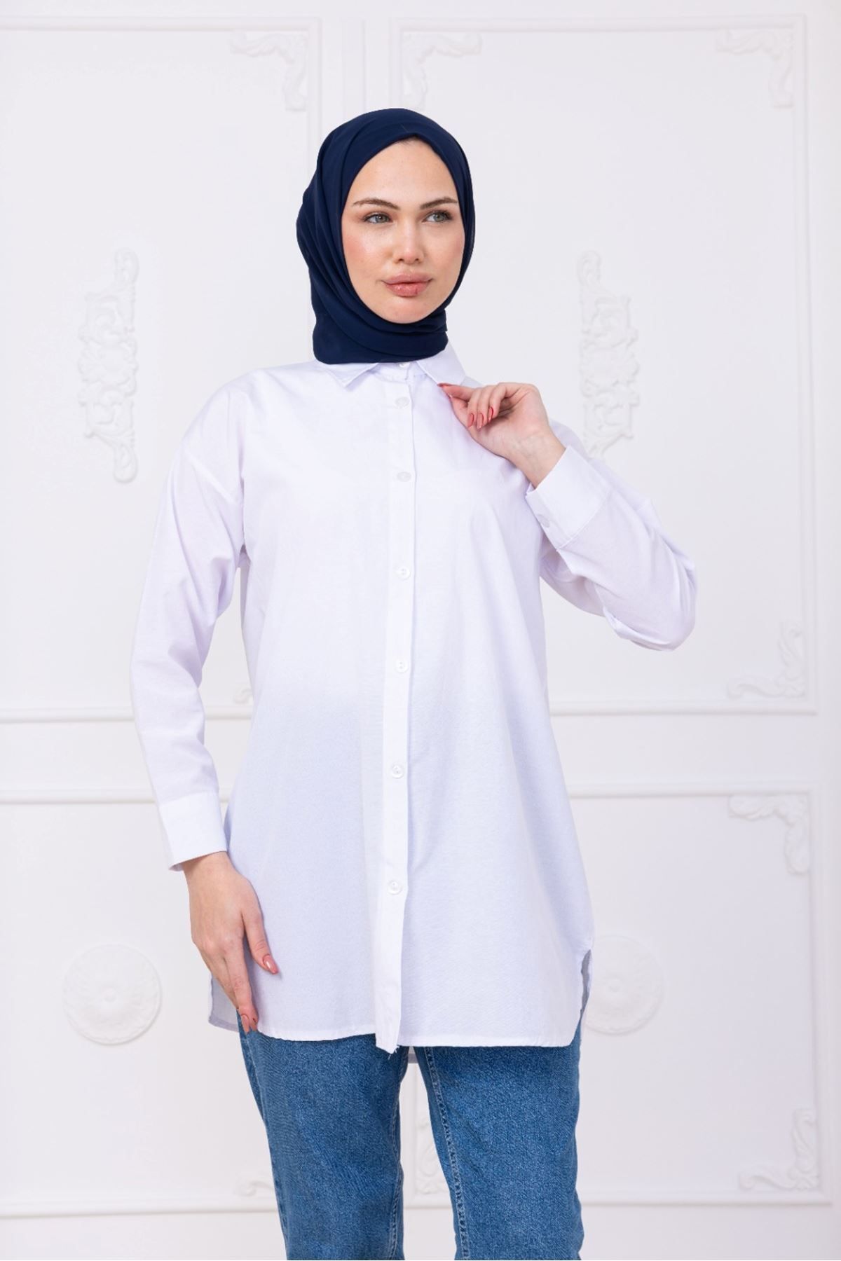 katalya Oversize Uzun Basic Gömlek - Beyaz