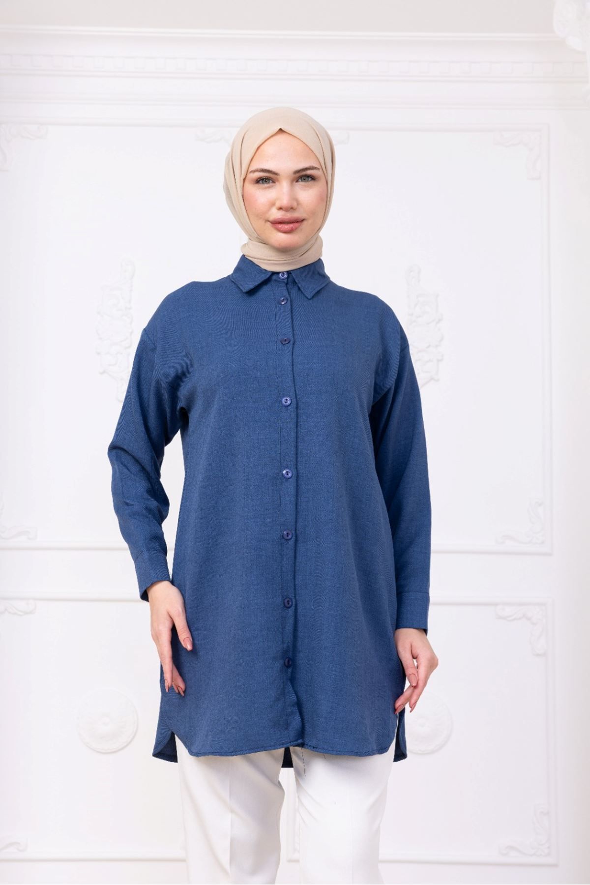 katalya Oversize Uzun Basic Gömlek - Mavi