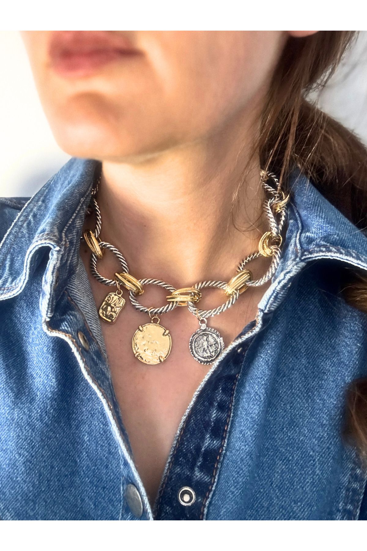 LYRA OFFİCİAL Za -İki Tonlu Kalın Zincirli Coin Charm Kolye