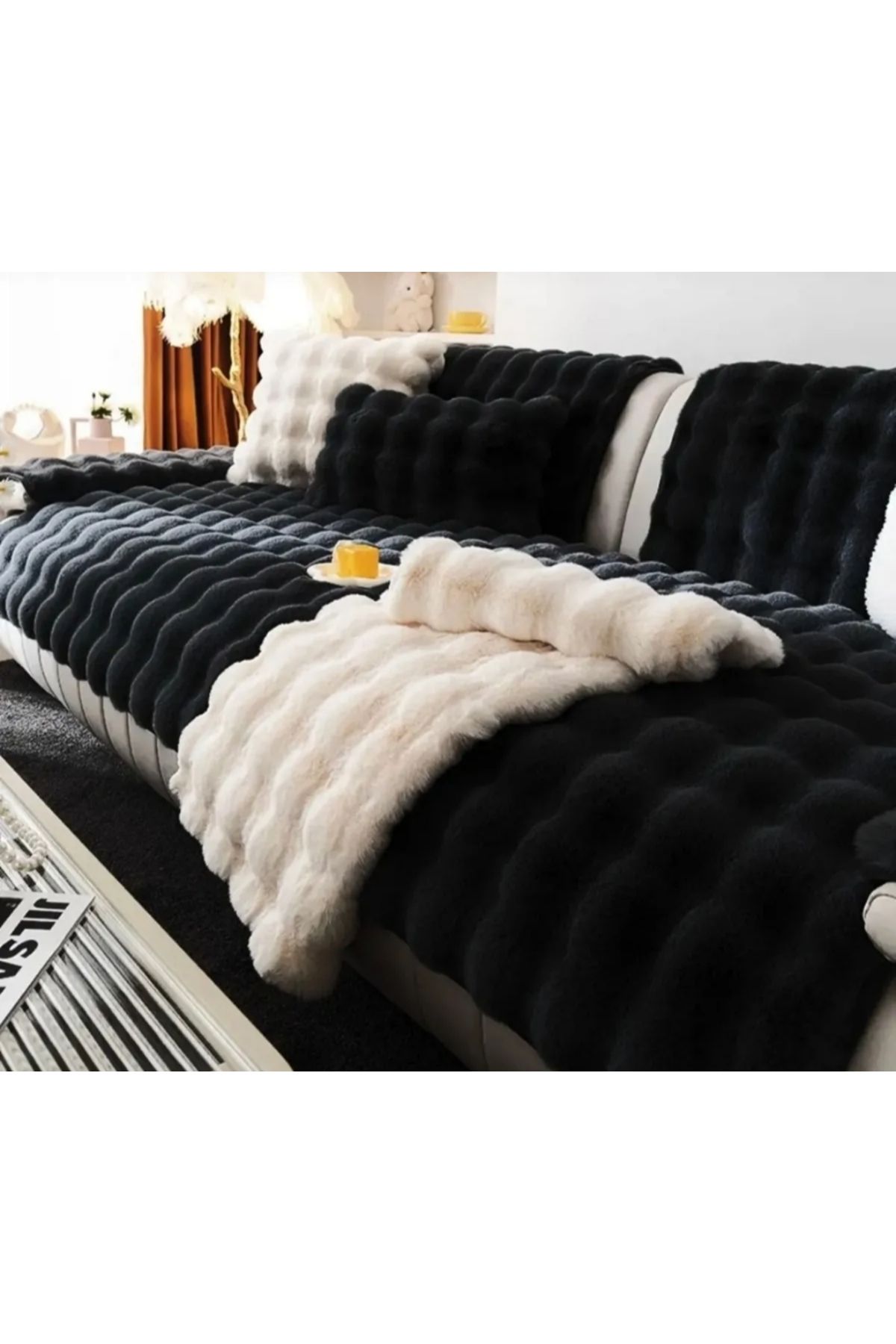 new colourse Peluş 3Kişilik Kanepe örtüsü 1adet 80x200cm örtü Siyah