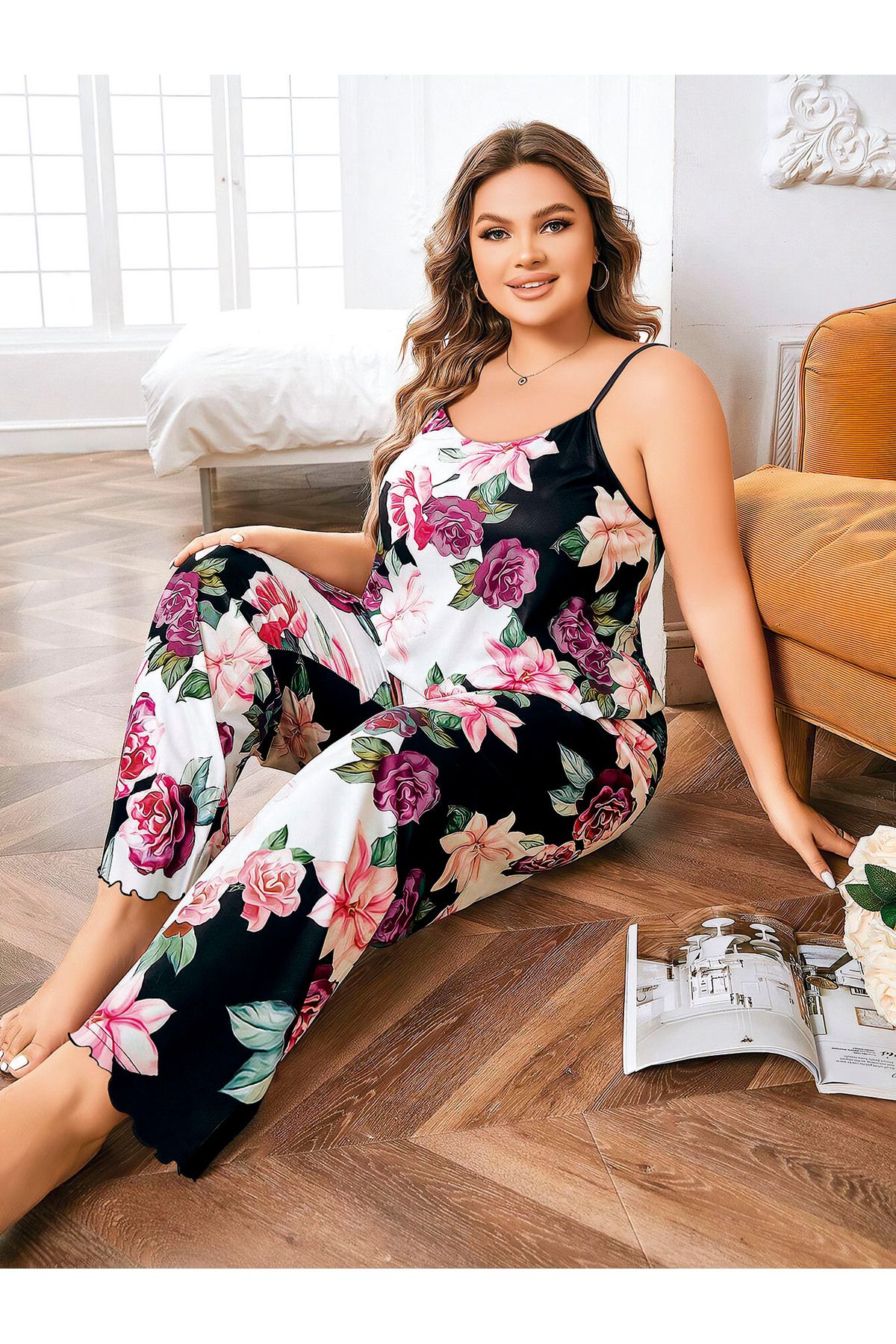 Viselya Çiçek Desenli Büyük Beden Pijama Takımı